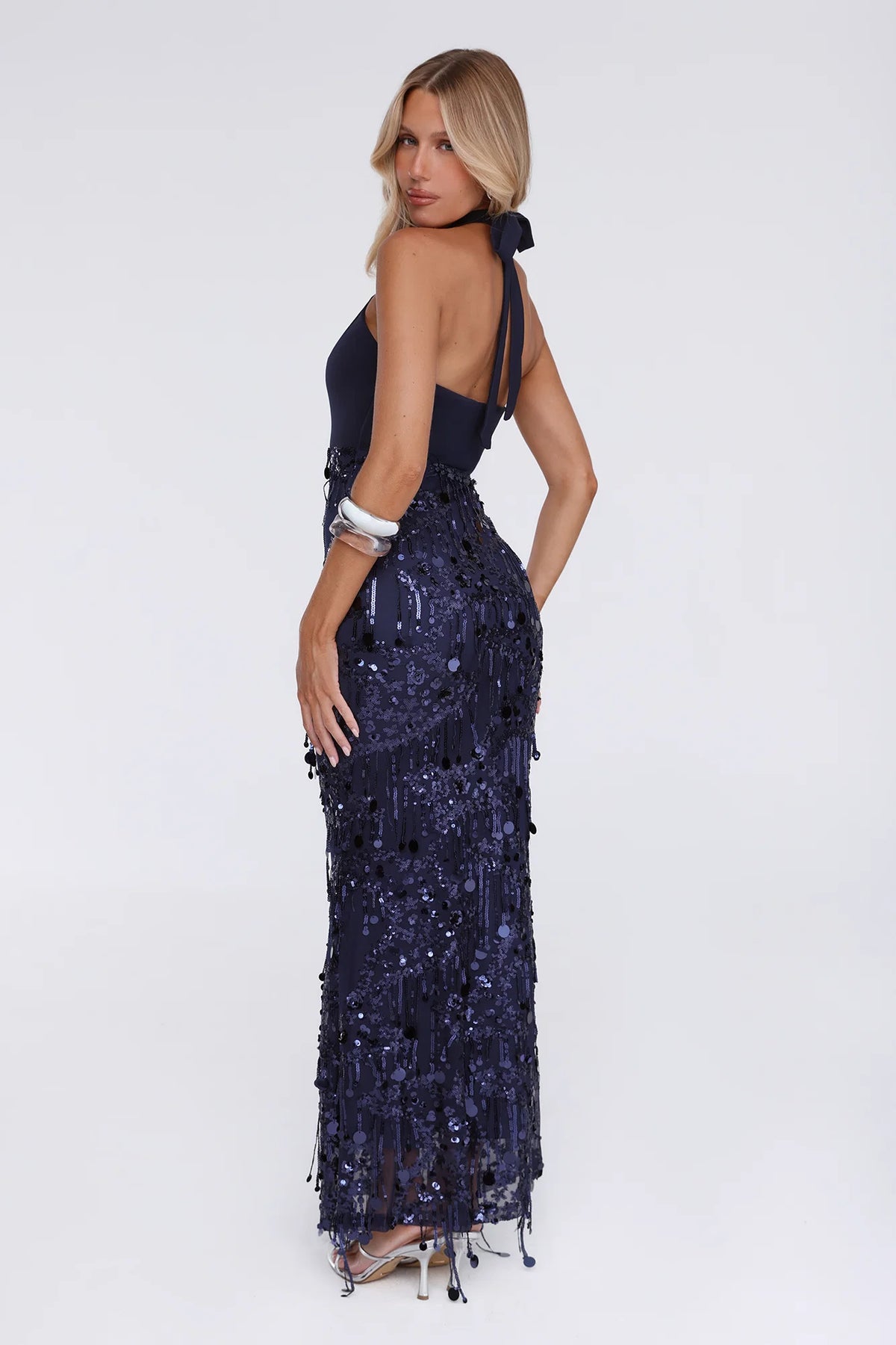 Spin For Me Sequin Halter Maxi Dress Navy