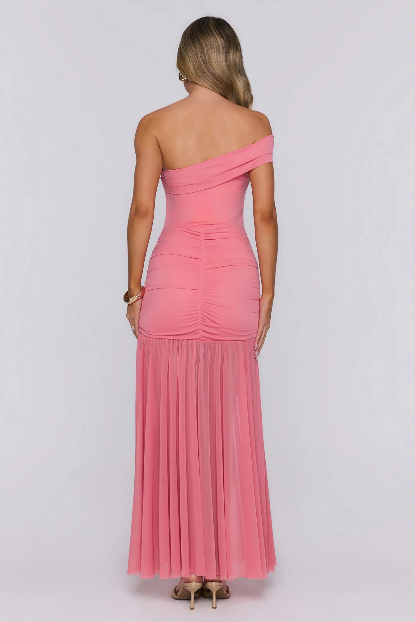 Moonlit Whisper One Shoulder Mesh Maxi Dress Pink