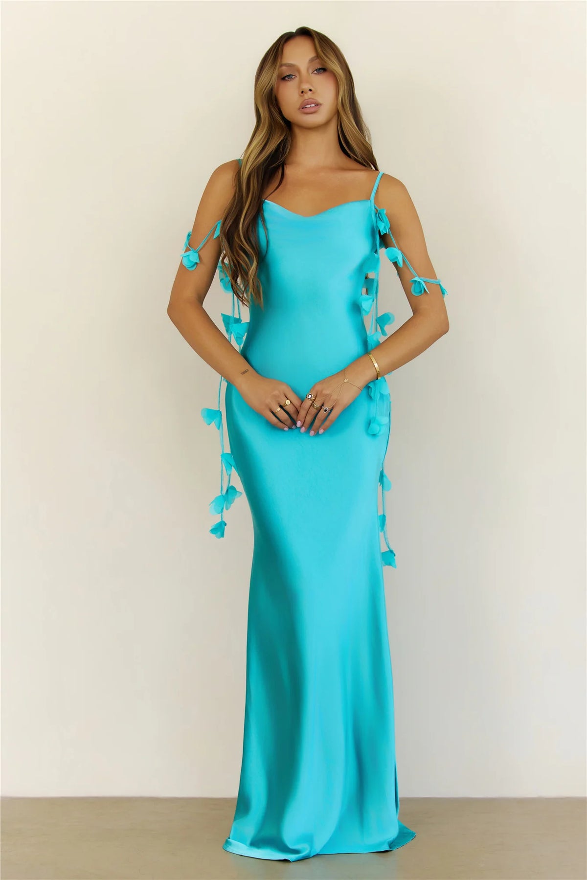 Ethereal Garden Floral Petal Satin Cowl Neck Maxi Dress Blue