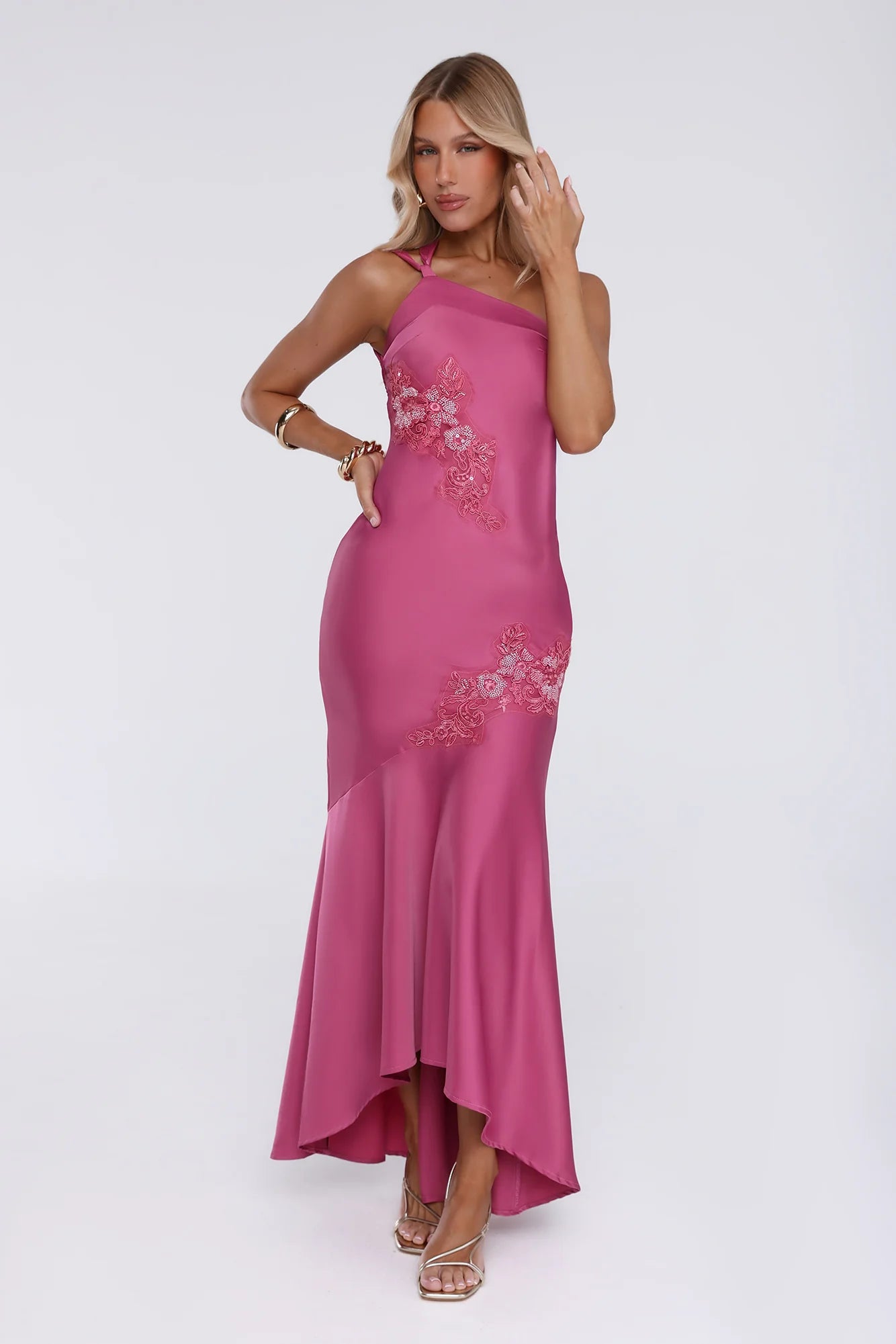 Jelly Glow One Shoulder Satin Maxi Dress Rose