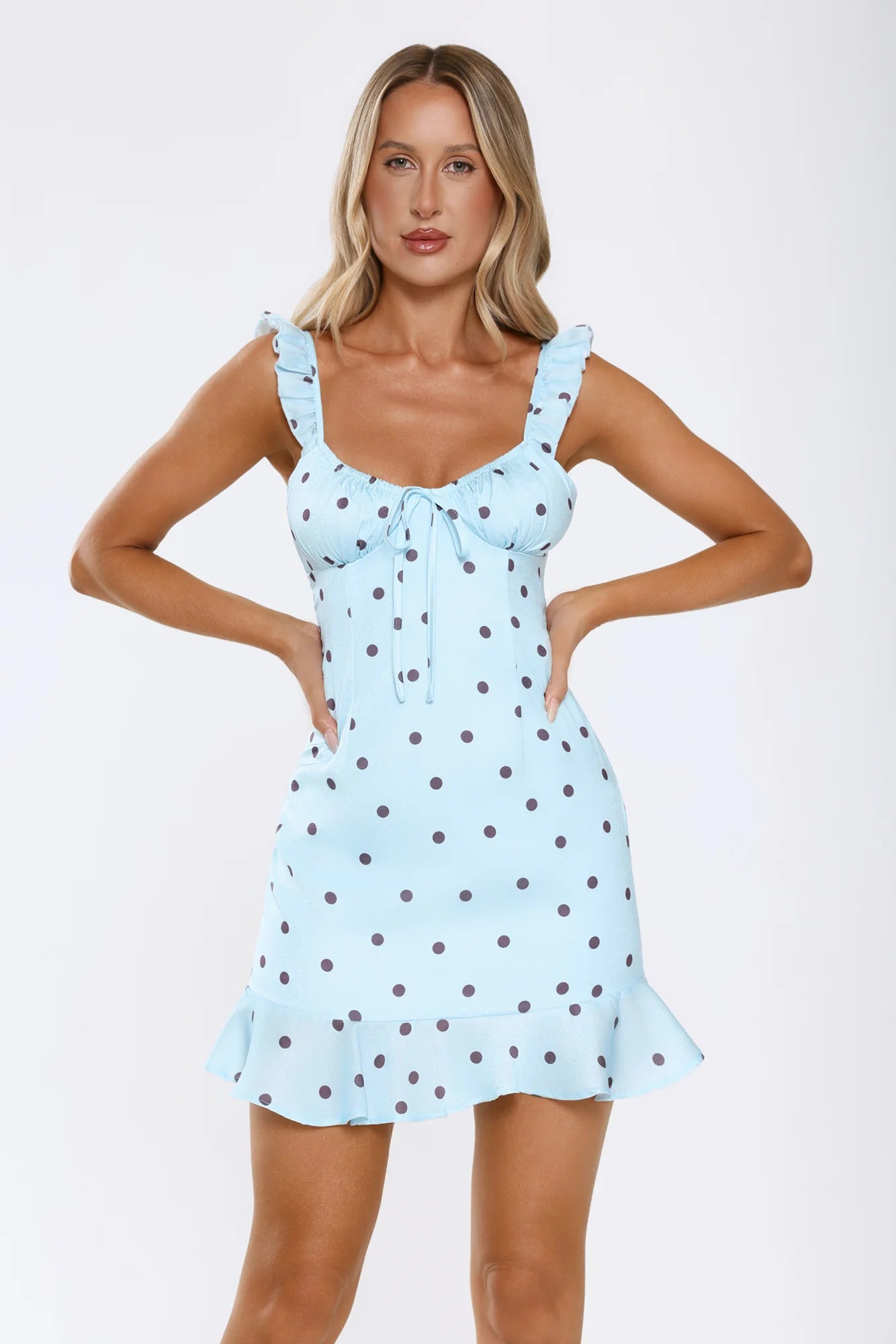 Zero Hesitation Polka Dot Satin Mini Dress Blue
