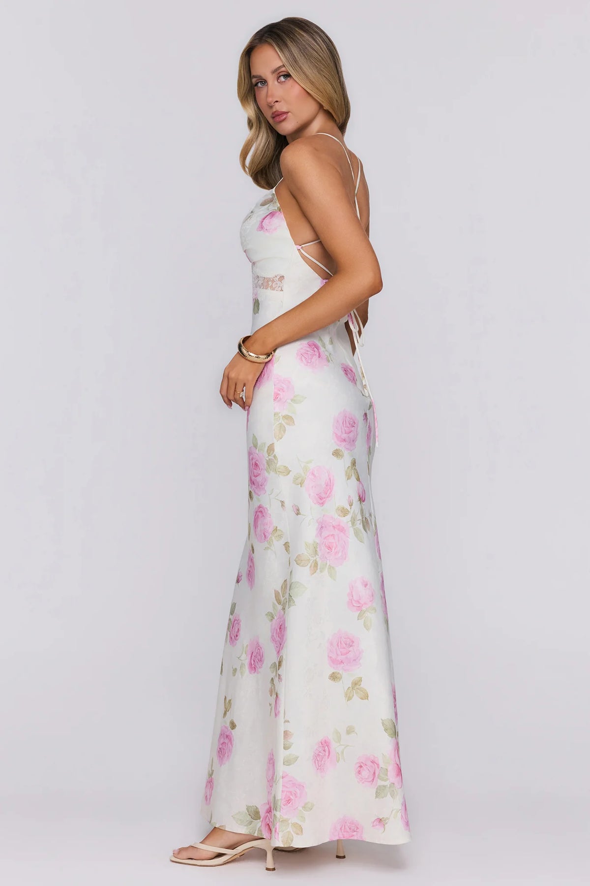 Romantic Muse Lace Floral Satin Maxi Dress Pink