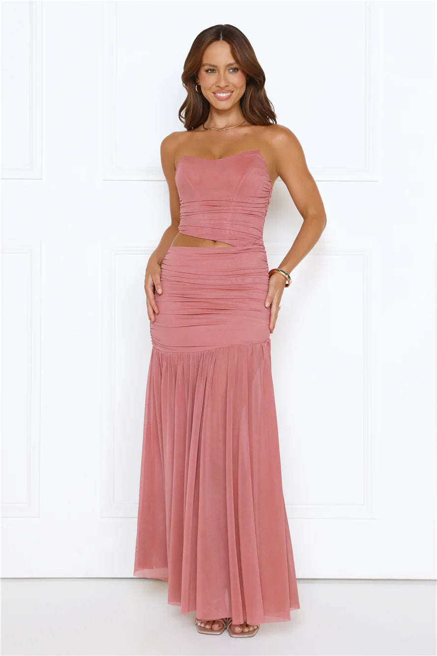 Champagne Glow Strapless Maxi Dress Rose