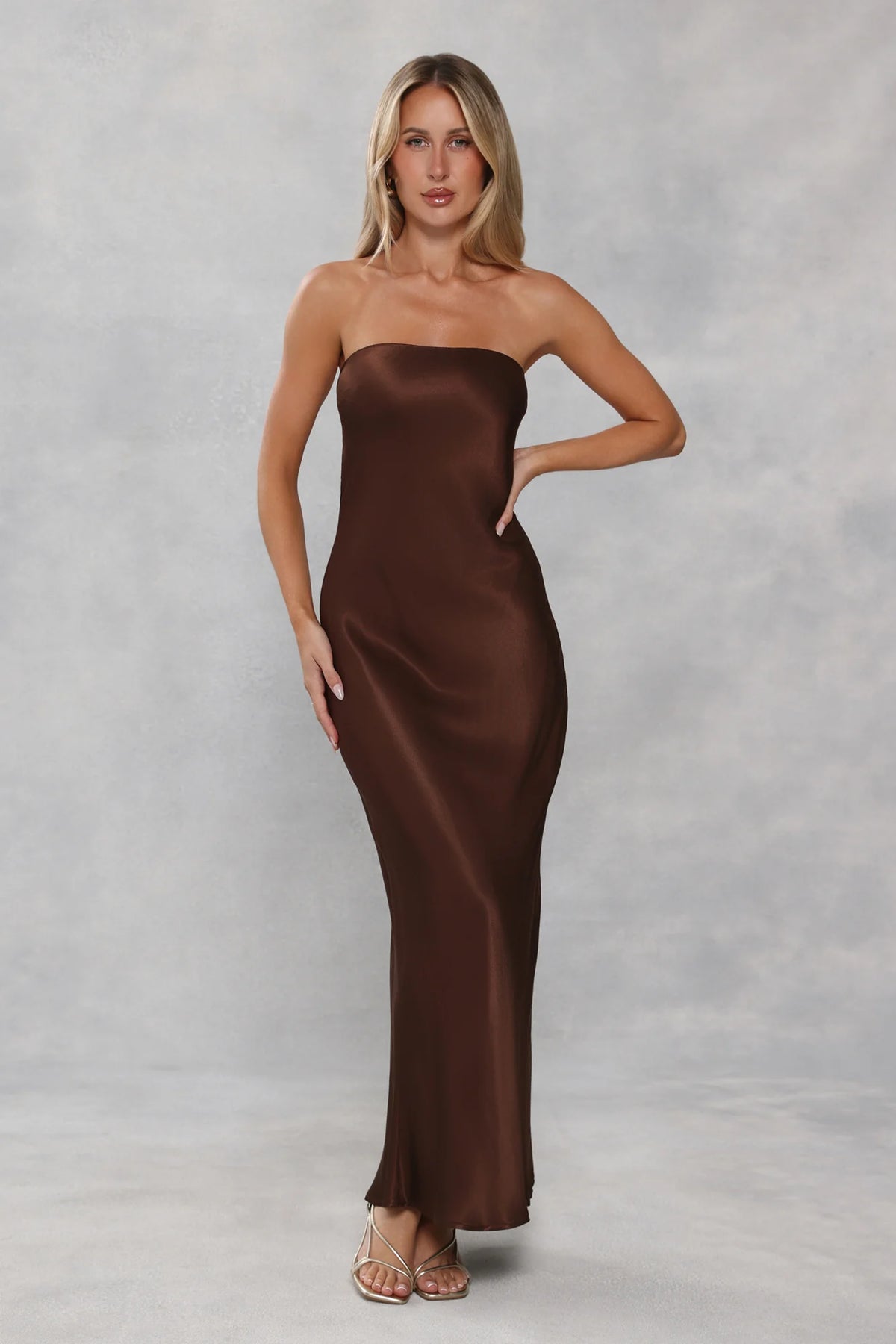 The Felicity Strapless Satin Maxi Dress Chocolate Brown