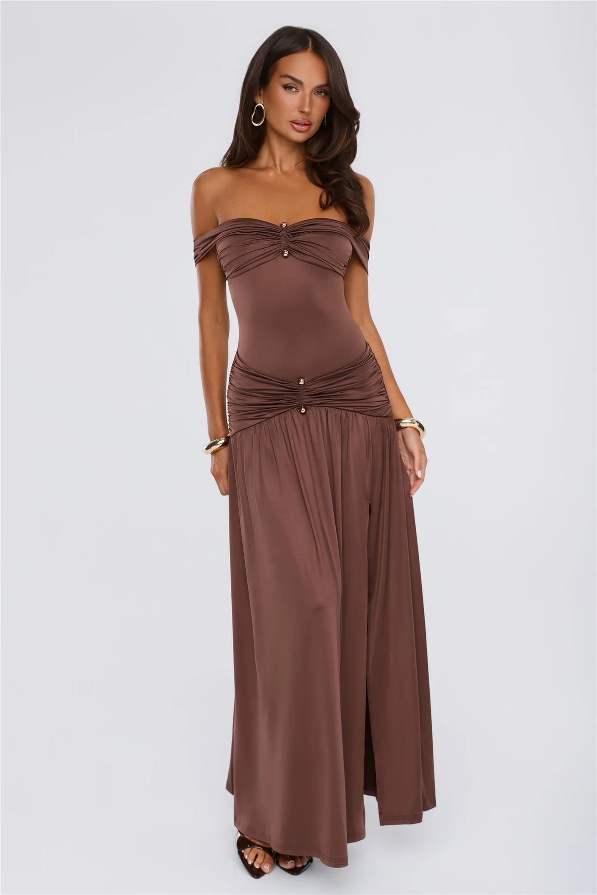 Under Your Charm Off Shoulder Maxi Dress Brown