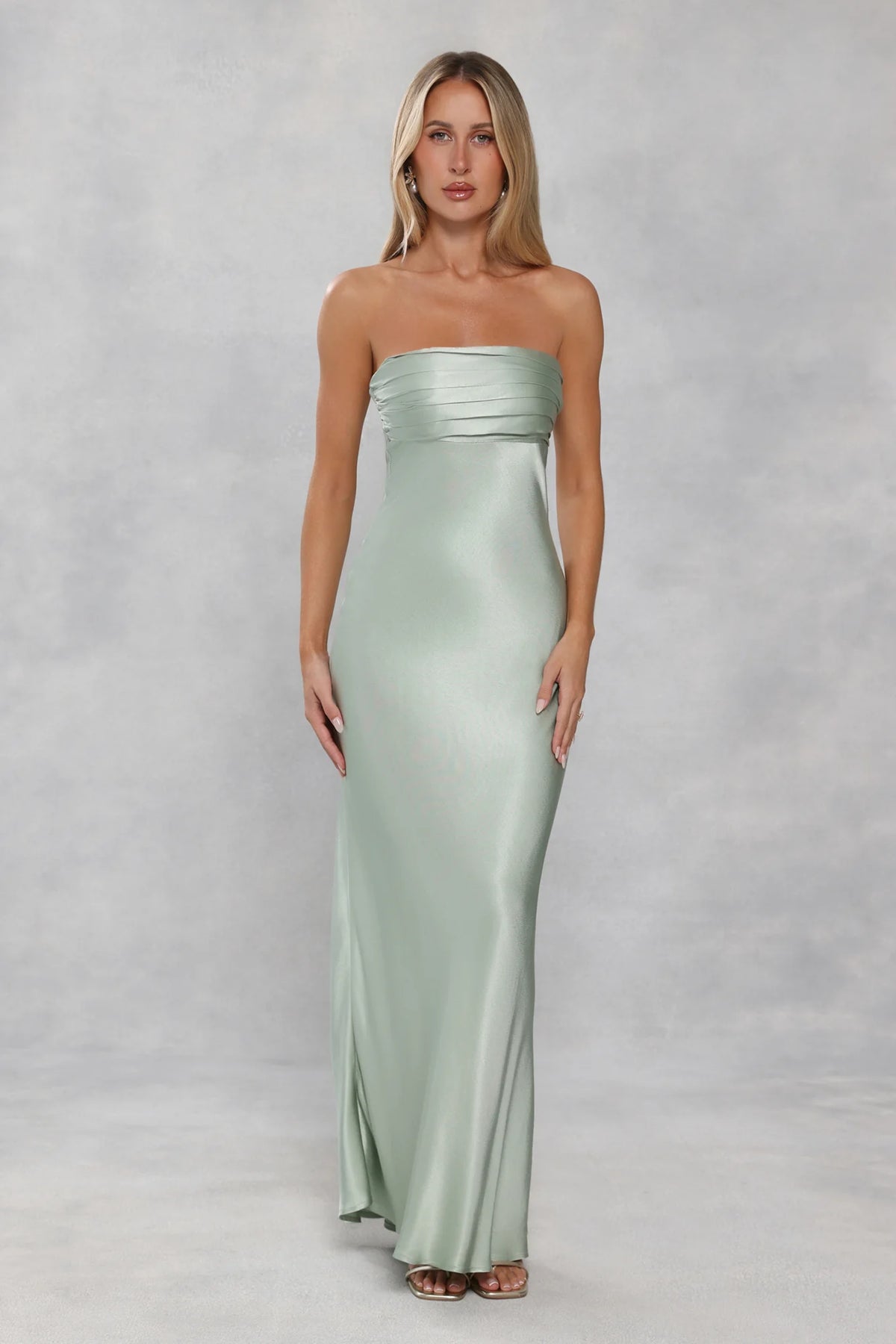 The Seraphina Strapless Satin Maxi Dress Sage Green