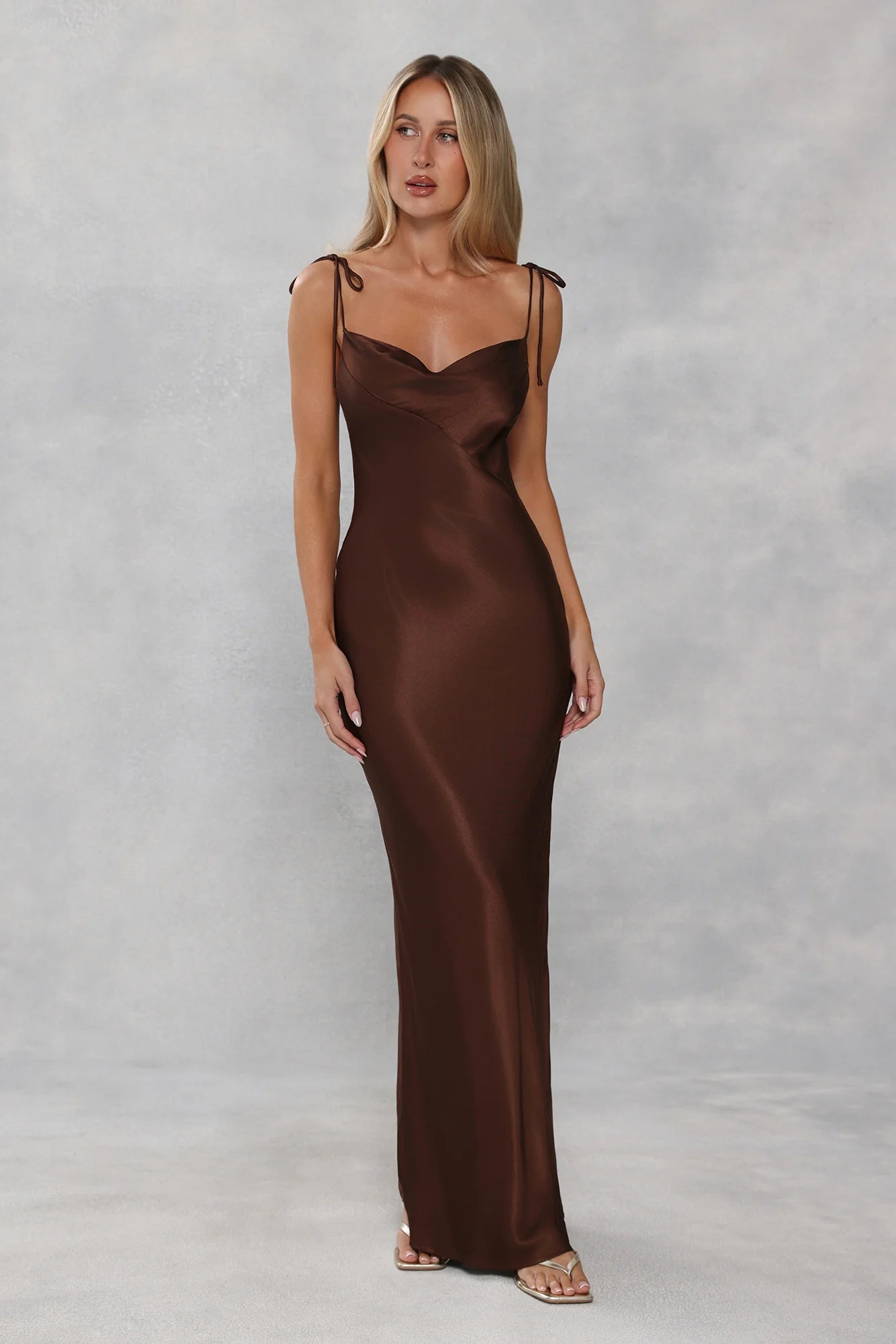 The Penelope Cowl Satin Maxi Dress Chocolate Brown