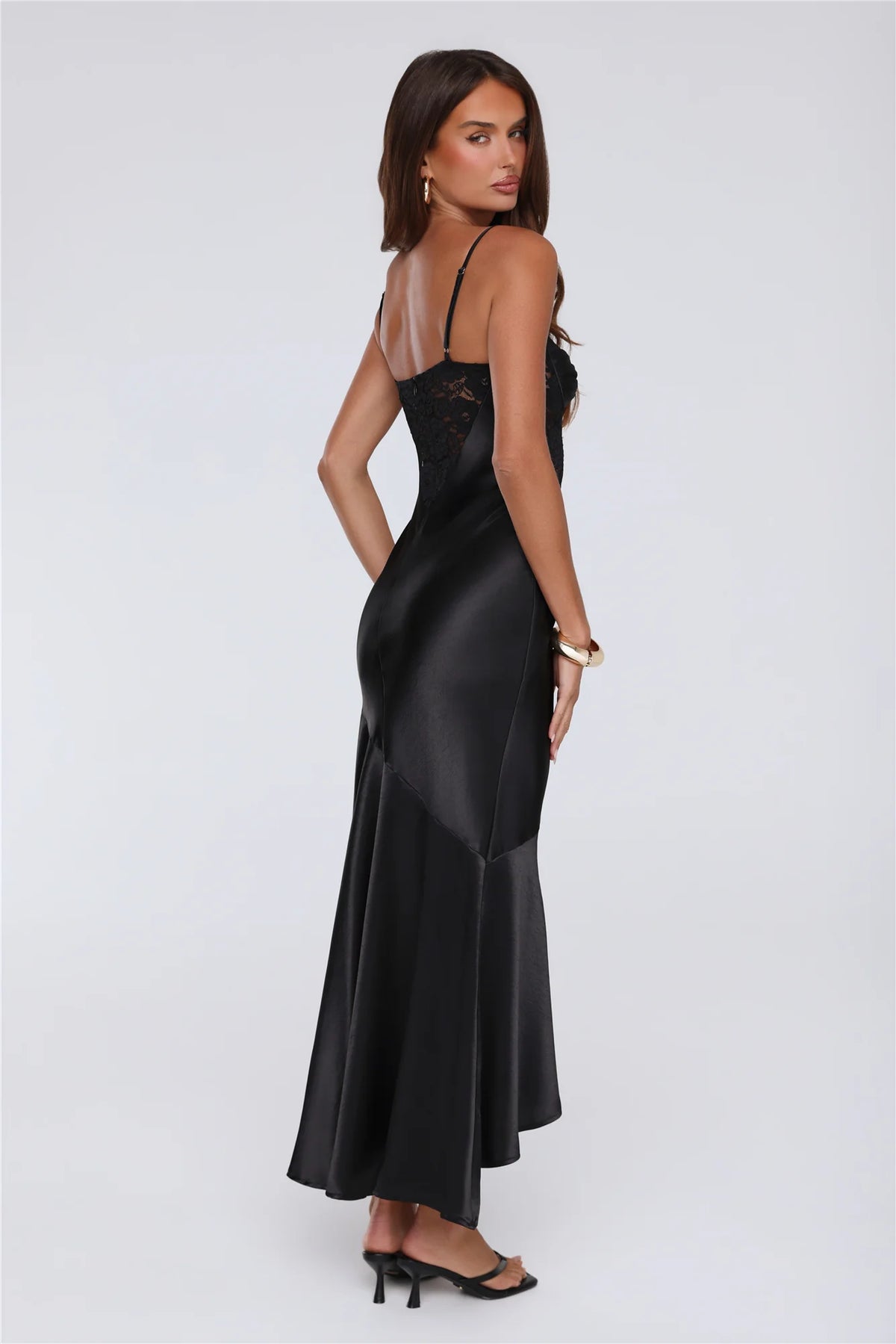 Sultry Horizon Satin Lace Maxi Dress Black