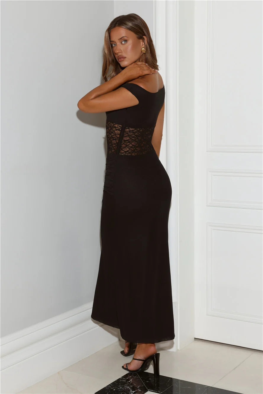 Lace Bodice Off Shoulder Maxi Dress Black