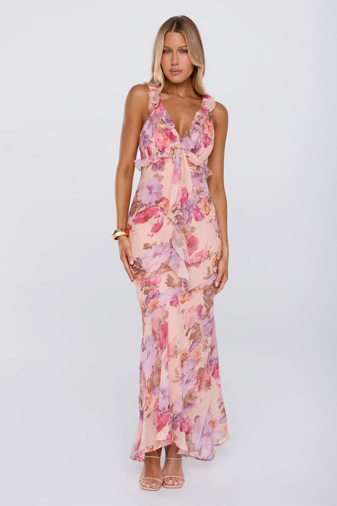 Sweet Escape Frill Floral High Low Maxi Dress Peach