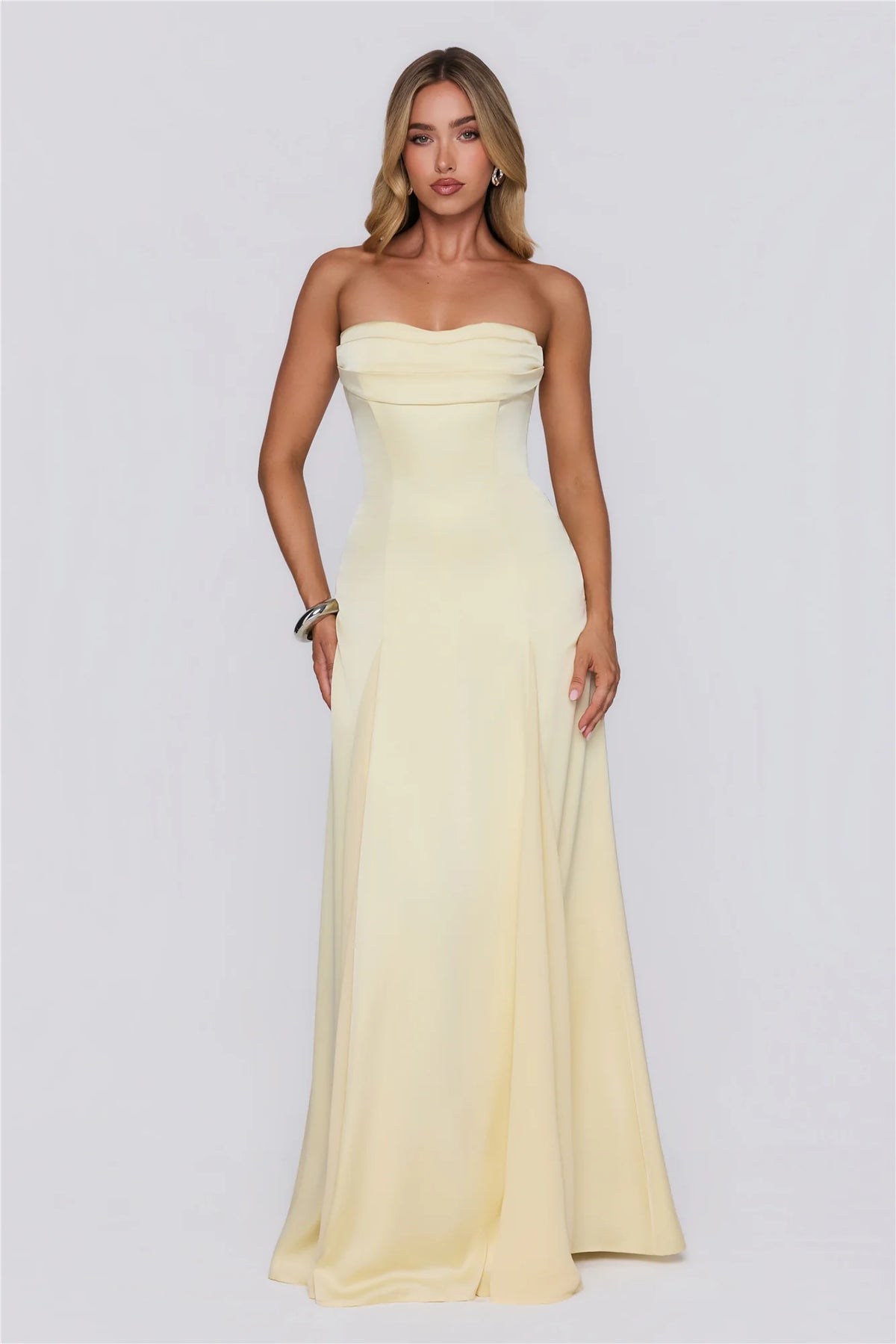Moment Of Class Strapless Satin Maxi Dress Lemon