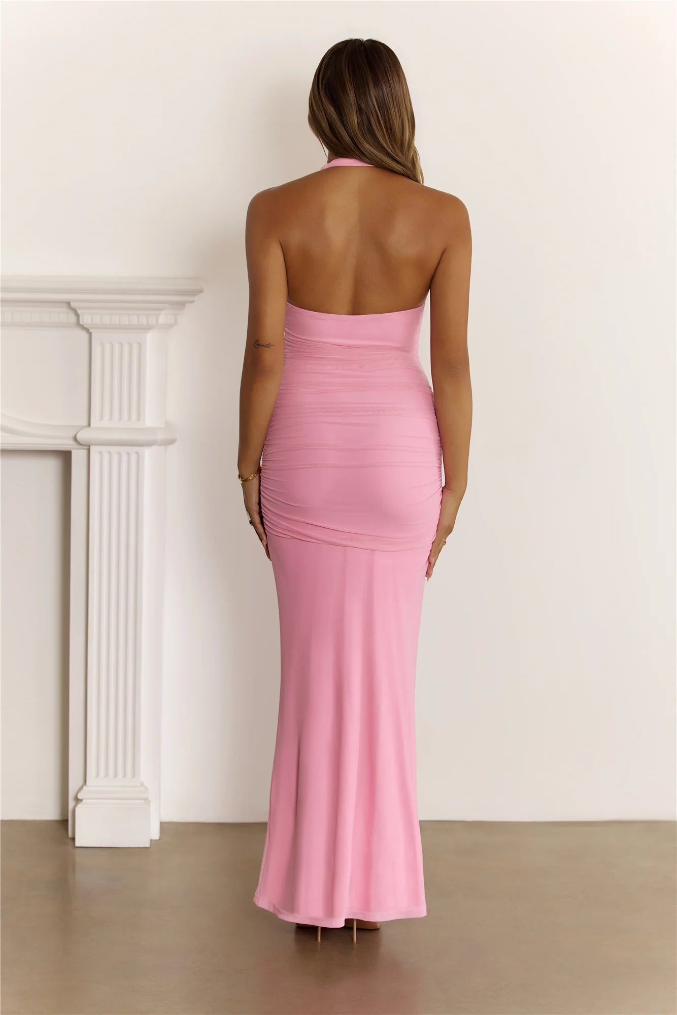 Sultry Ruched Halter Maxi Dress Pink