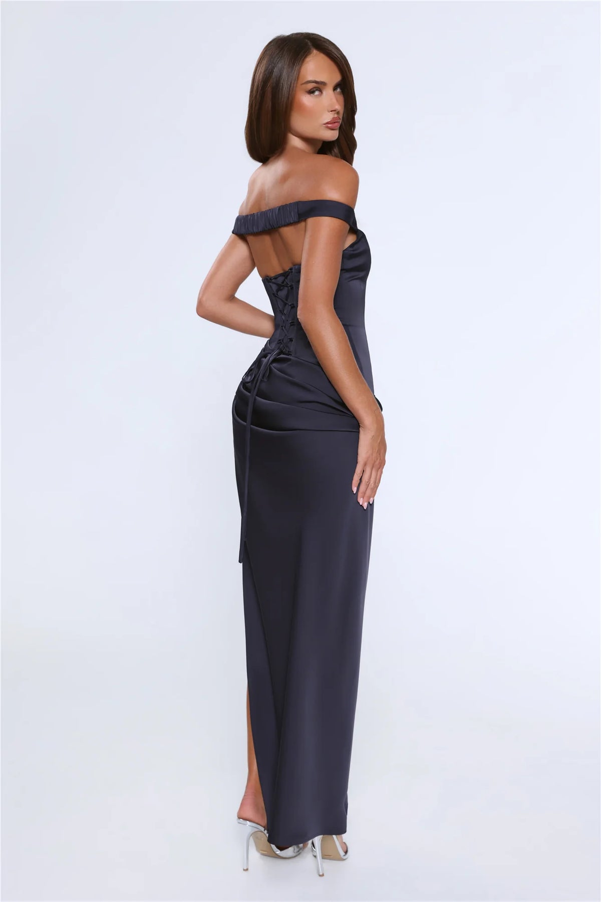 The After Party Off Shoulder Satin Maxi Dress Navy