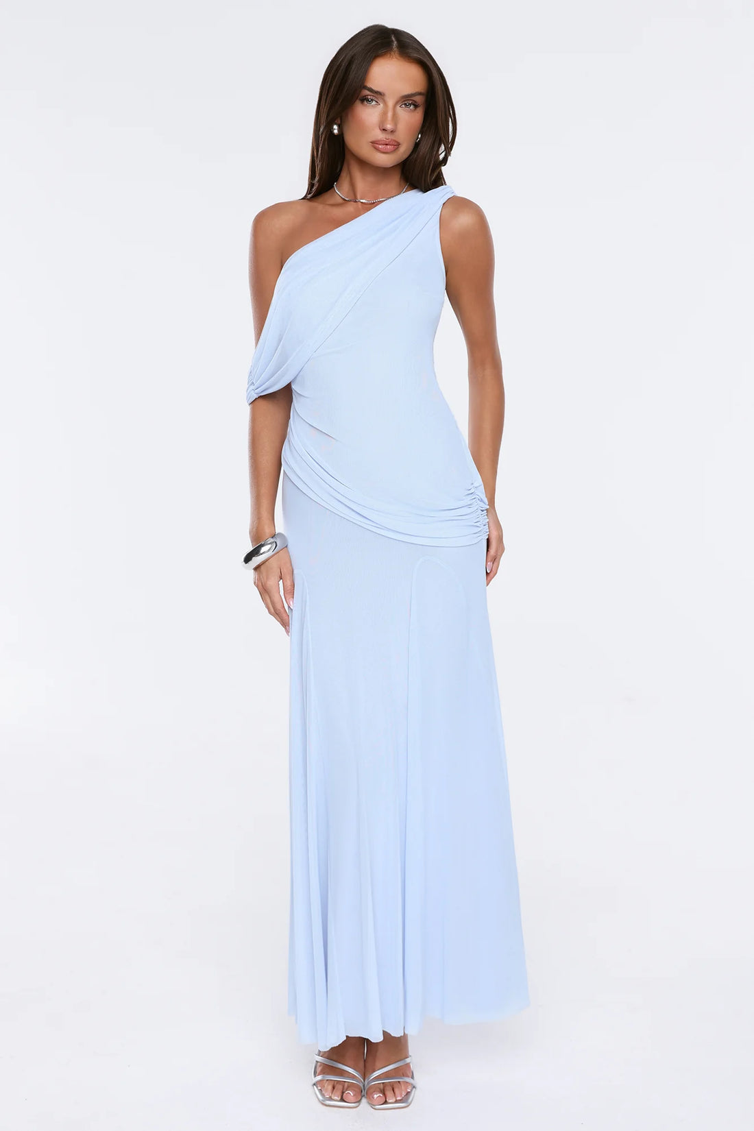 The Influencer Mesh One Shoulder Maxi Dress Blue