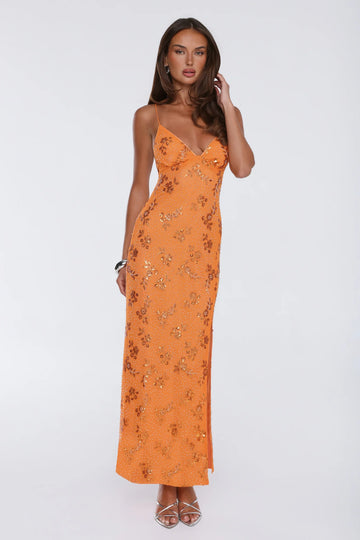 Stay Magnetic Mesh Beaded Maxi Dress Orange