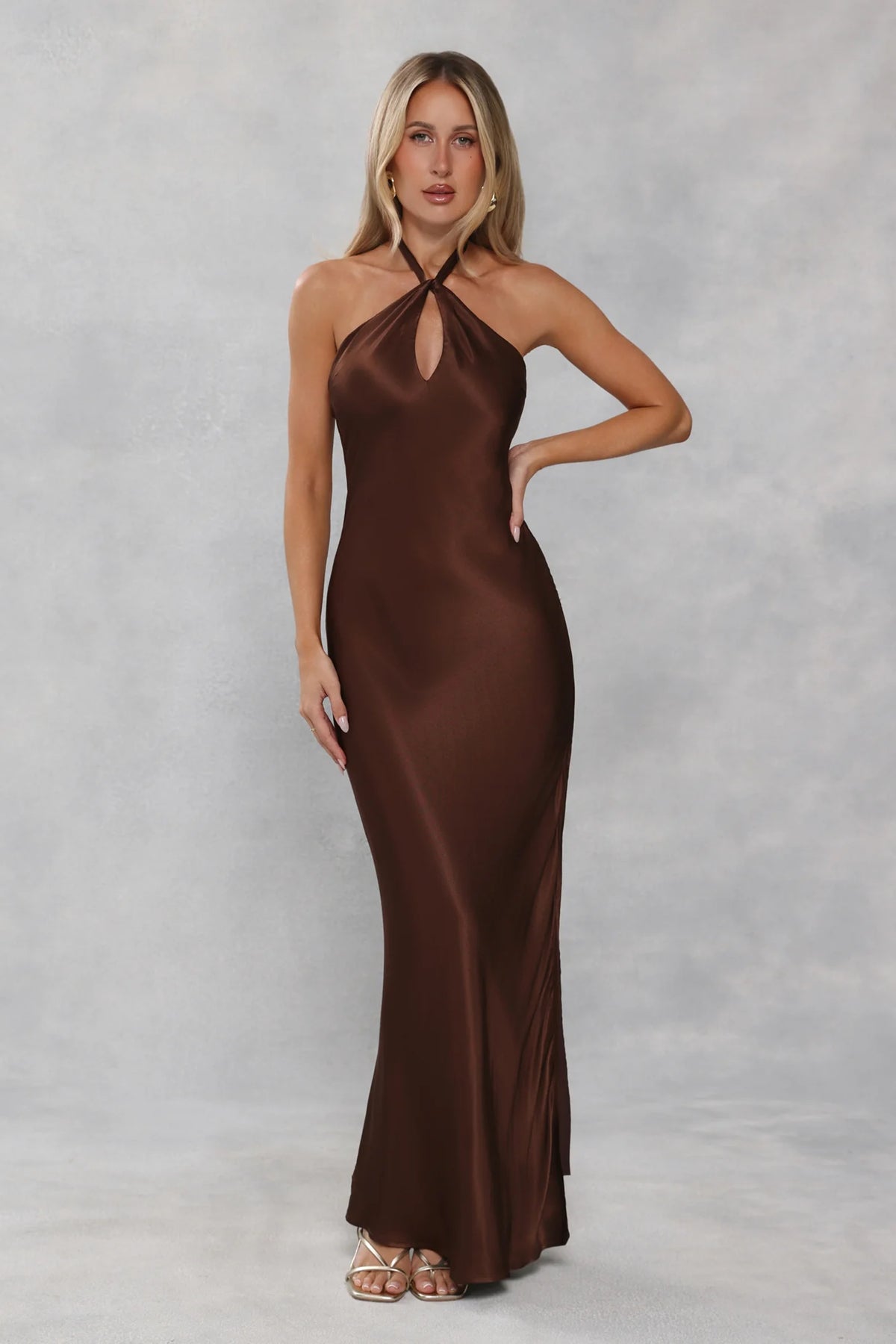 The Delilah Satin Halter Maxi Dress Chocolate Brown