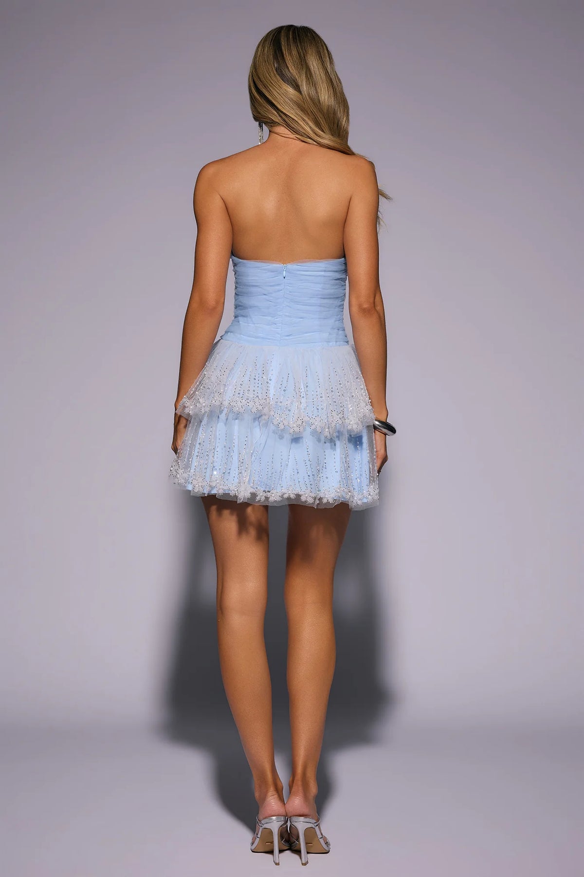 Bloom Soft Strapless Mesh Embellished Mini Dress Blue