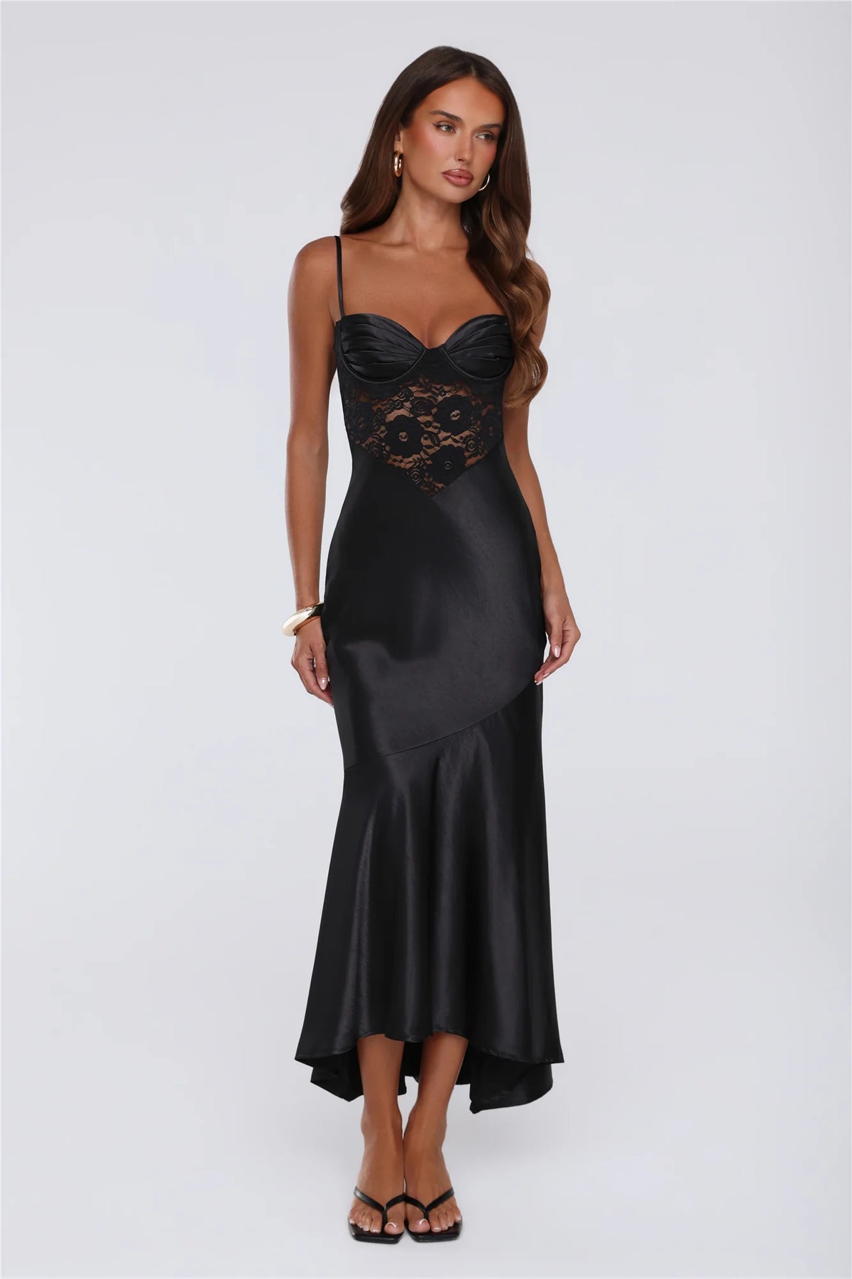 Sultry Horizon Satin Lace Maxi Dress Black