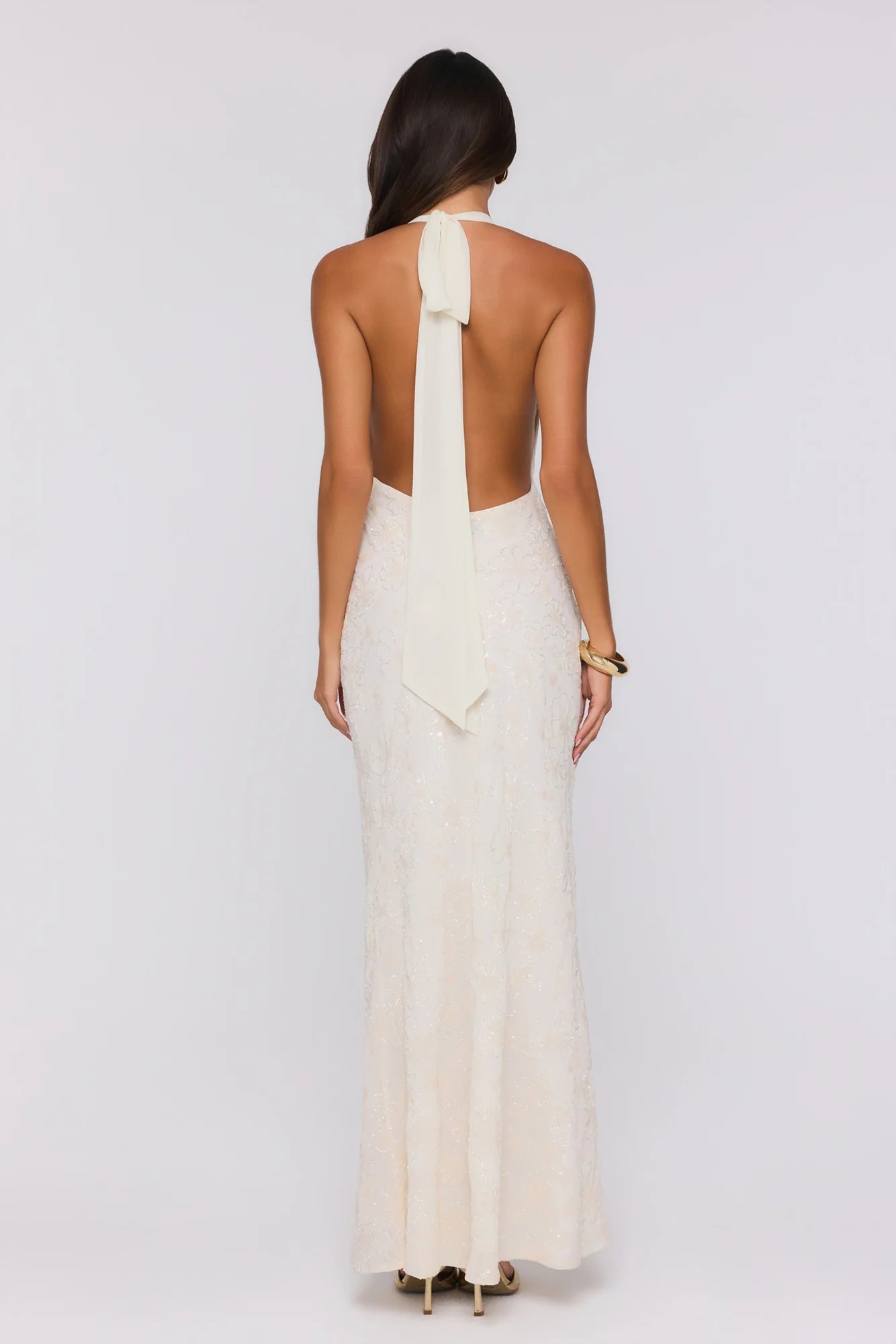 Bling It Babe Beaded Halter Maxi Dress Cream