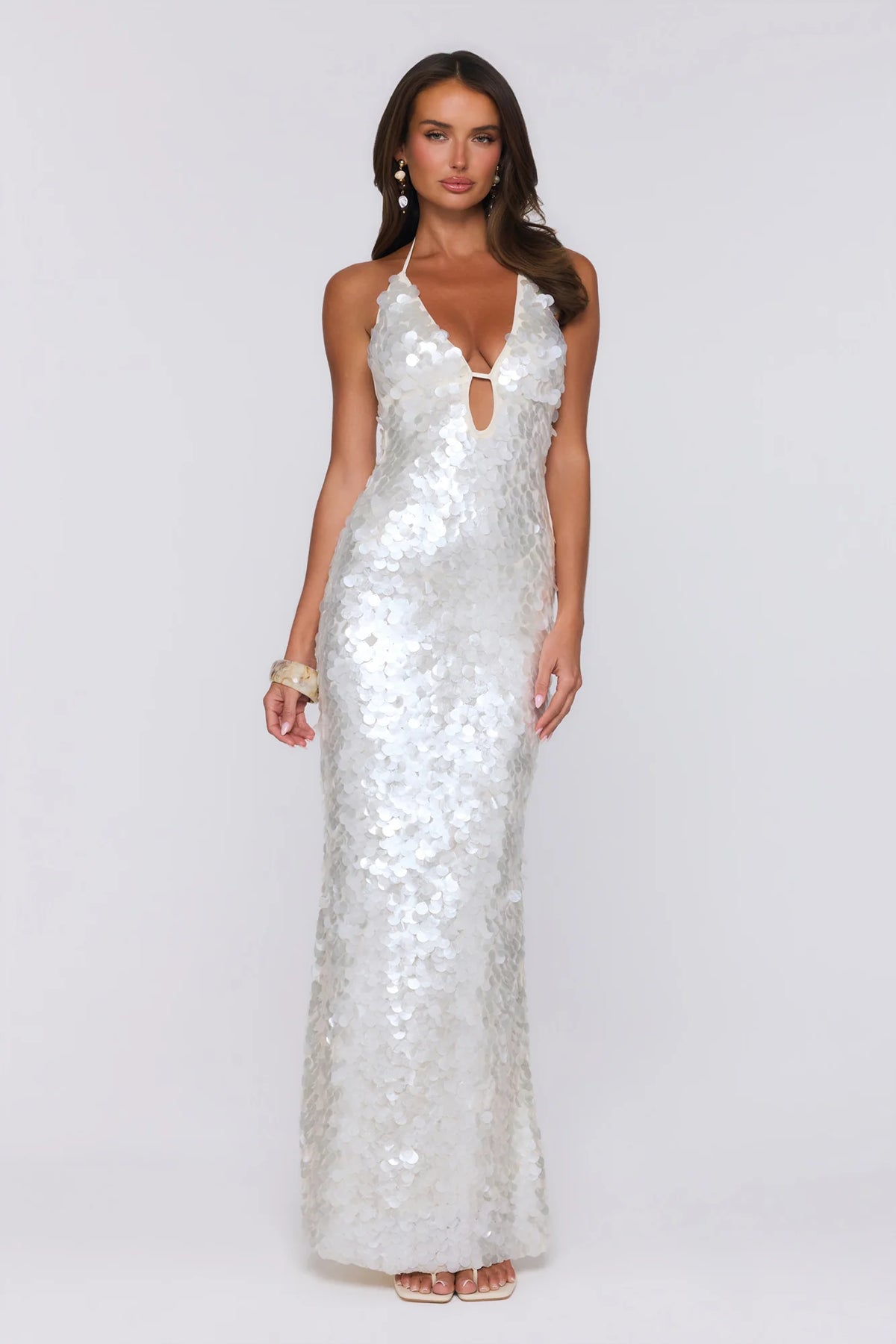Sparkling Affair Sequin Halter Maxi Dress Ecru White