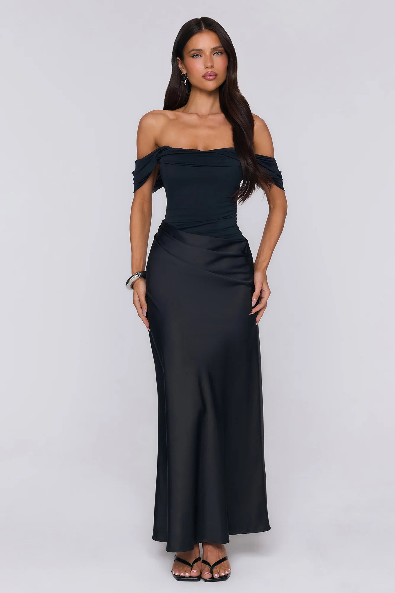 Evening Muse Off Shoulder Mesh Maxi Dress Black