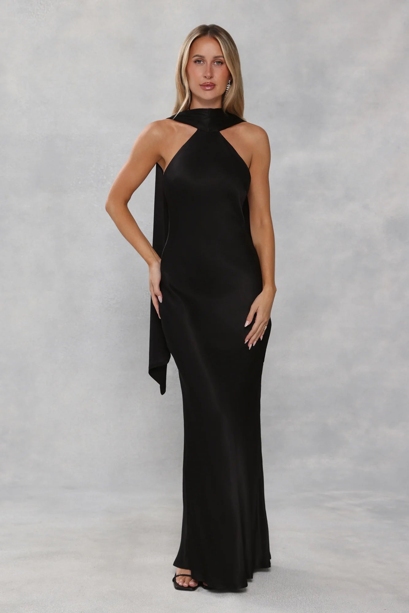 The Vivia Halter Satin Maxi Dress Black