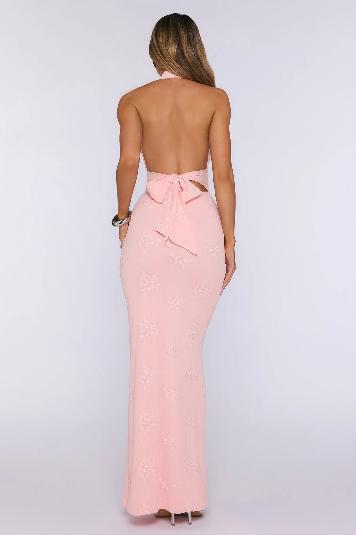 Peachy Whimsy Knit Halter Maxi Dress Pink