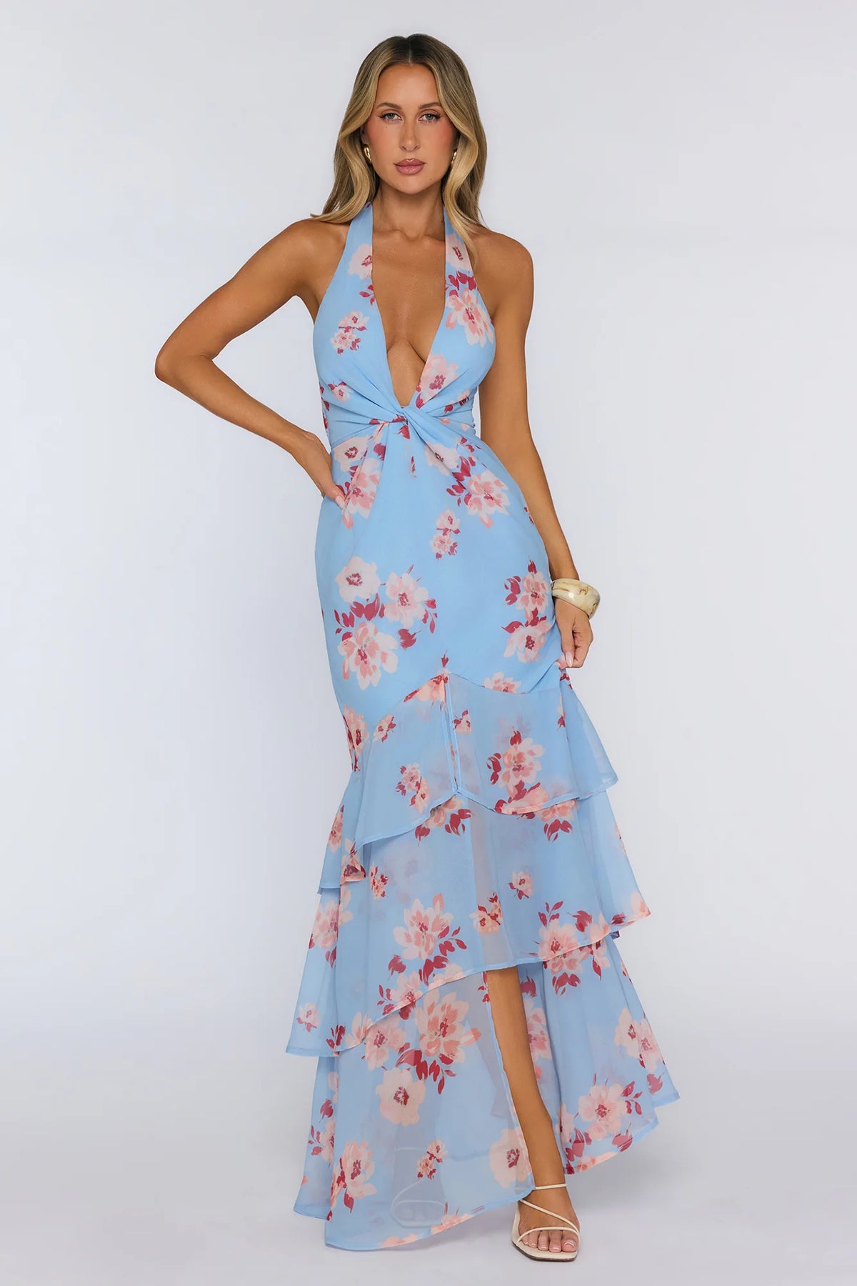 Floral Halter Twist Detail Tiered Maxi Dress Blue