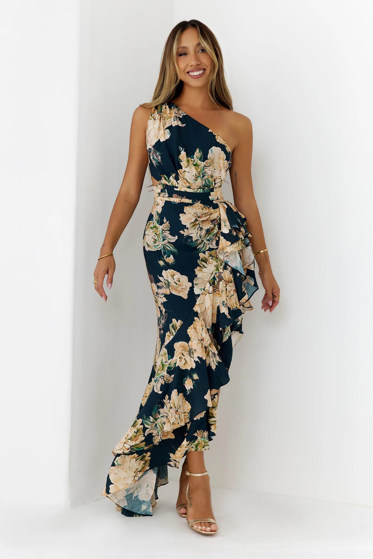 Floral One Shoulder Cutout Maxi Dress Navy