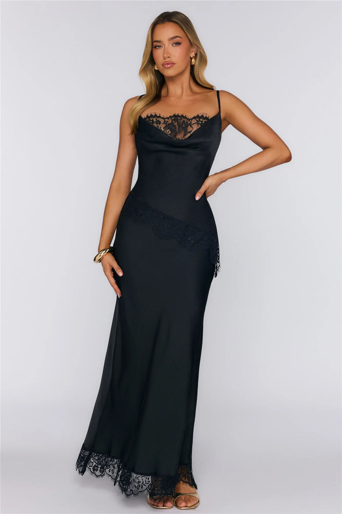 Charm Society Satin Lace Maxi Dress Black