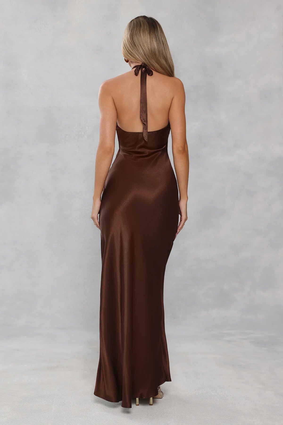 The Delilah Satin Halter Maxi Dress Chocolate Brown
