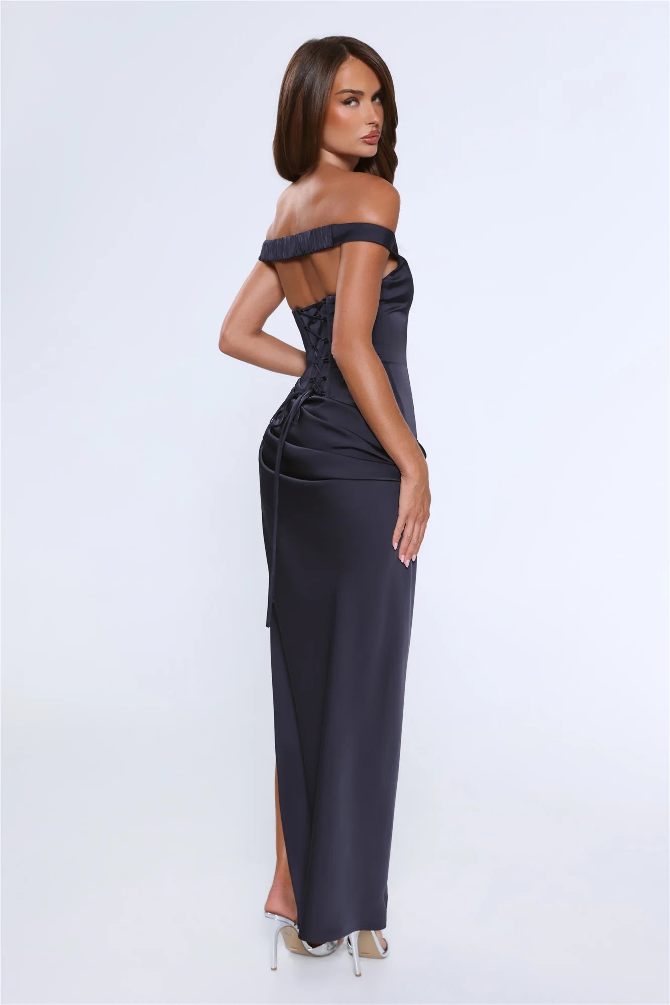 The After Party Off Shoulder Satin Maxi Dress Navy
