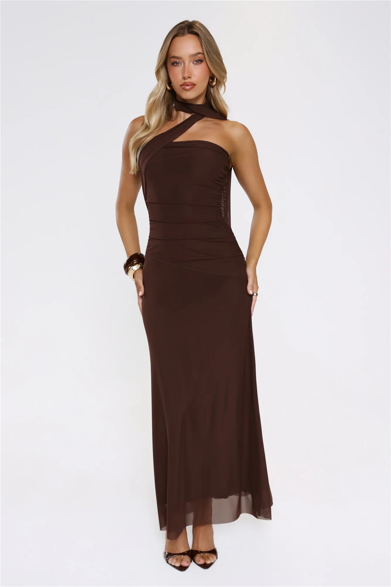 Evening Allure Mesh Strapless Maxi Dress Brown