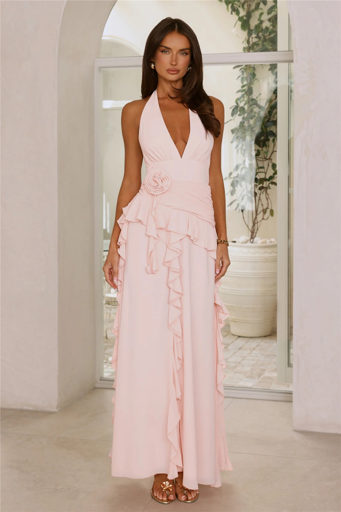Soft Petal Muse Halter Maxi Dress Pink