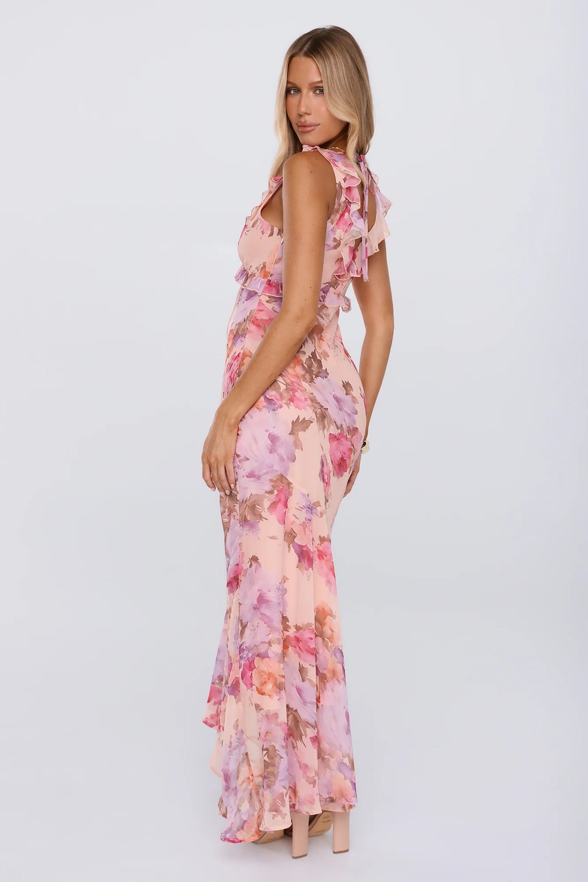 Sweet Escape Frill Floral High Low Maxi Dress Peach