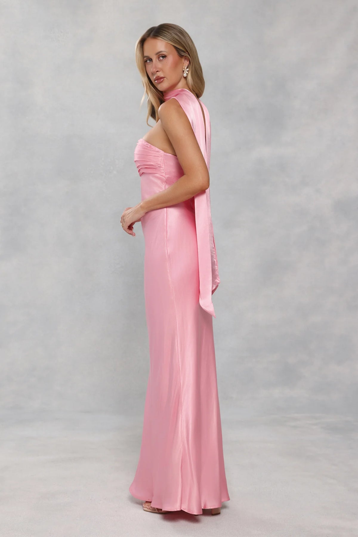 The Seraphina Strapless Satin Maxi Dress Candy Pink