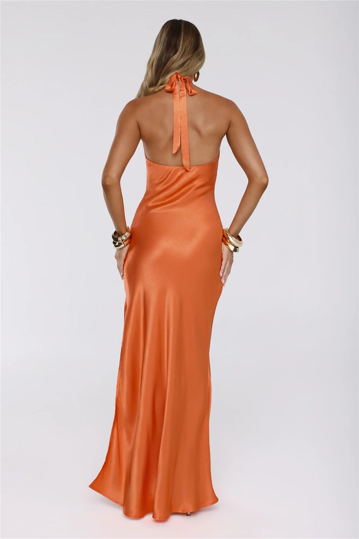 Rule Her World Halter Satin Maxi Dress Peach