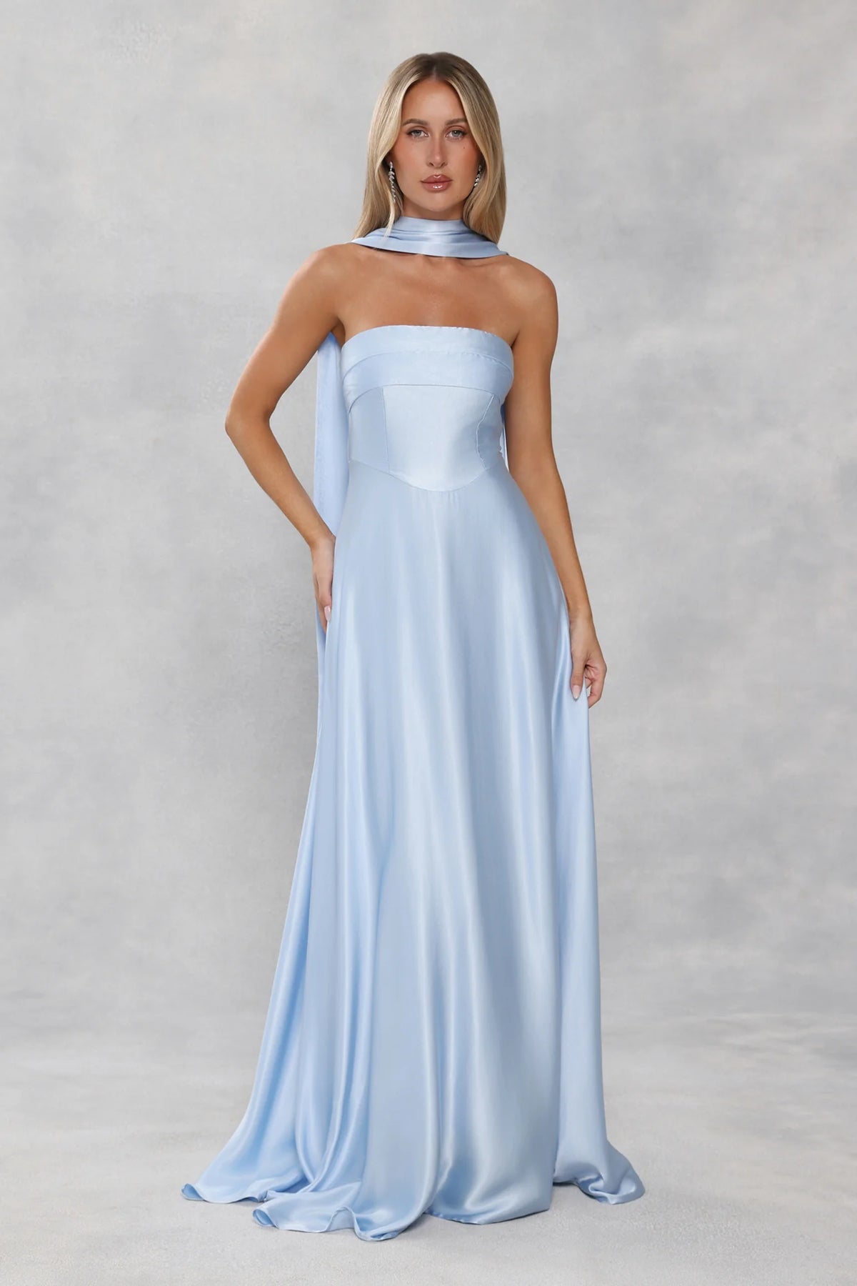 The Serina Strapless Satin Maxi Dress Light Blue
