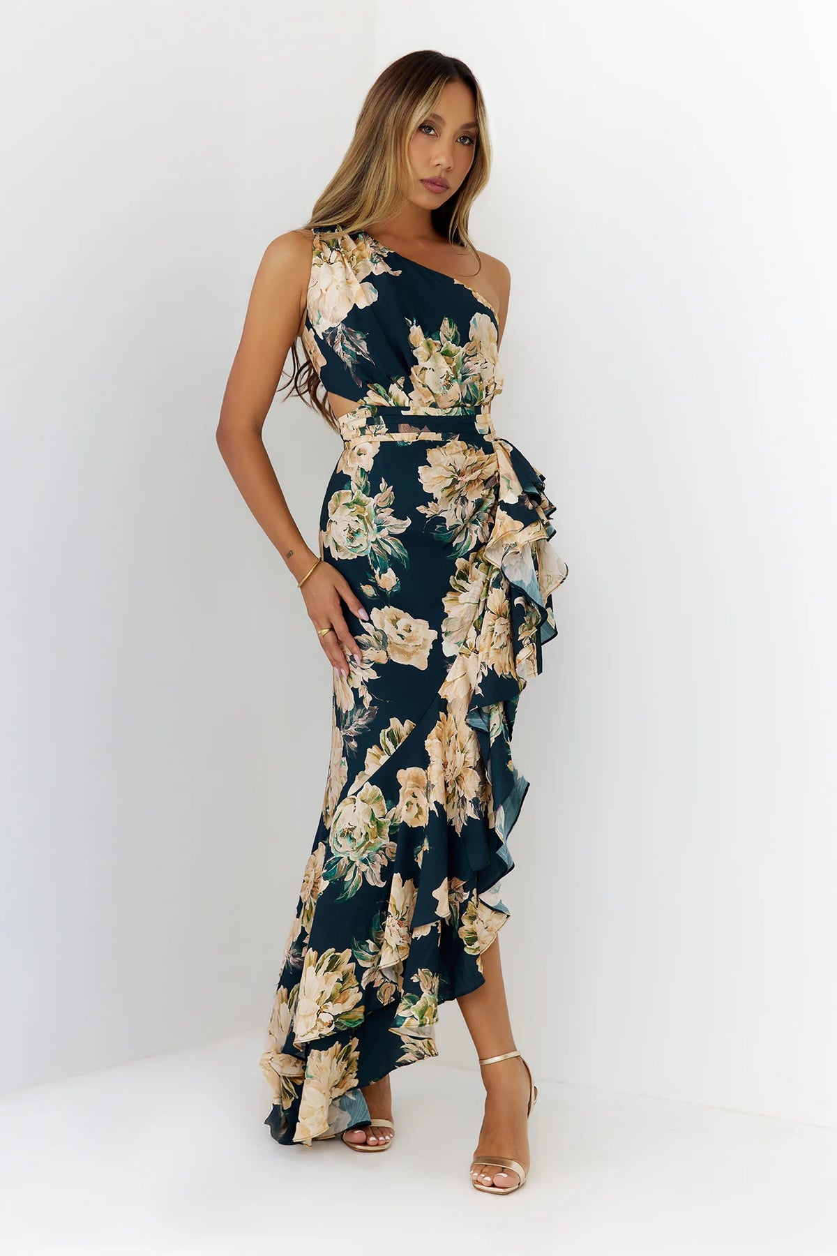 Floral One Shoulder Cutout Maxi Dress Navy
