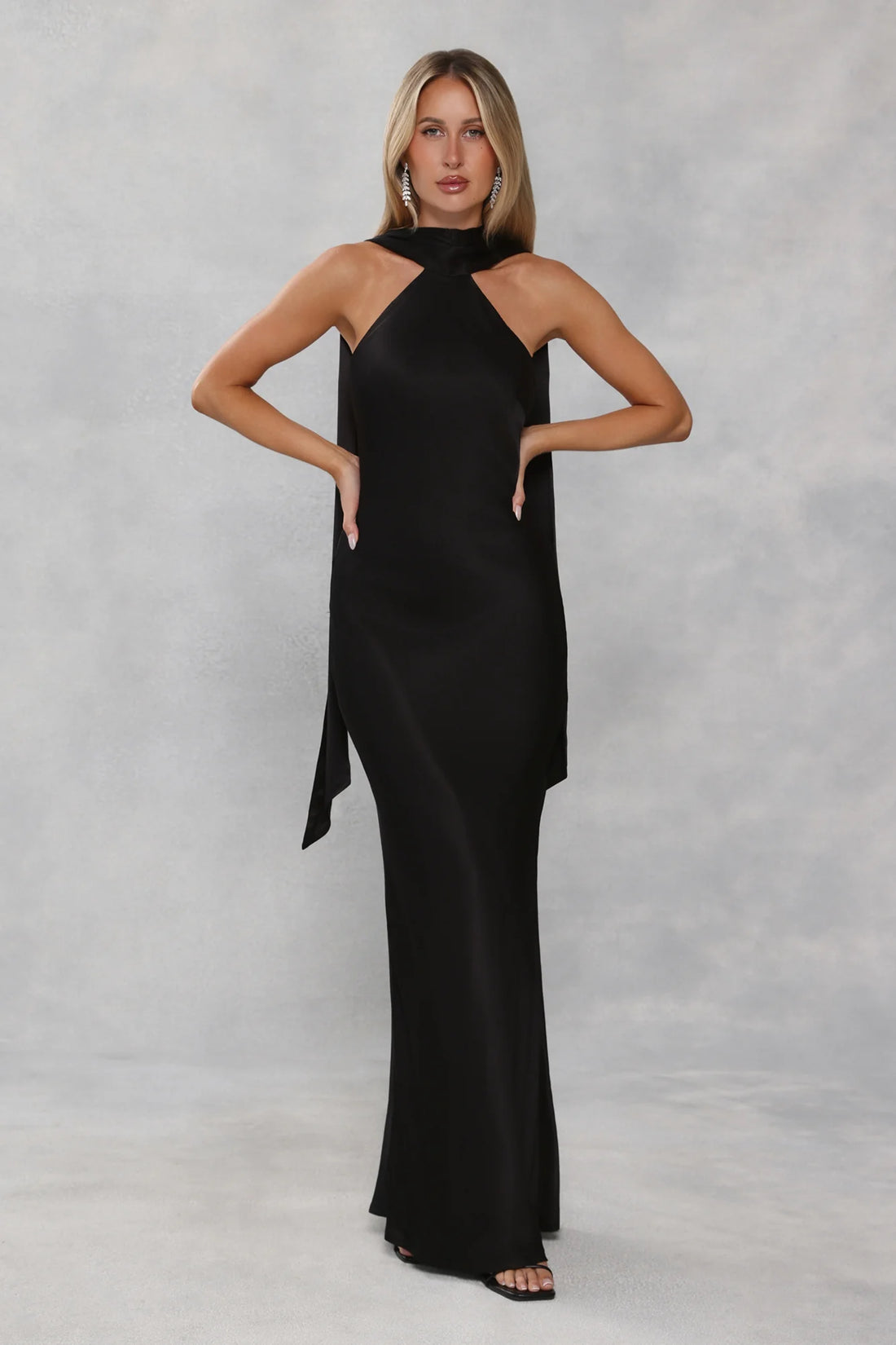 The Vivia Halter Satin Maxi Dress Black