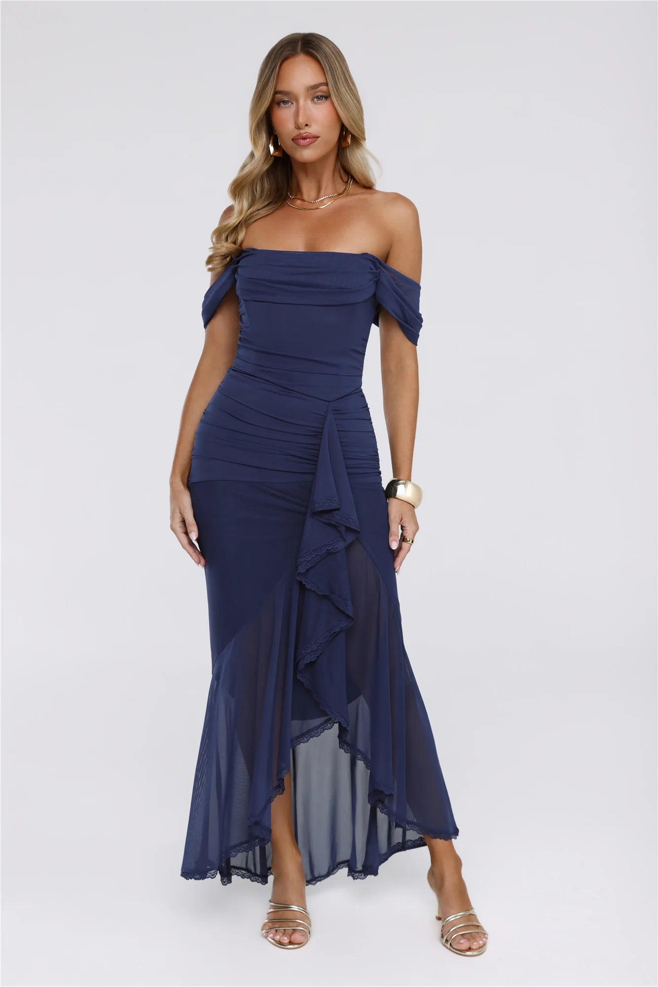 The Style Structure Mesh Off The Shoulder Maxi Dress Navy