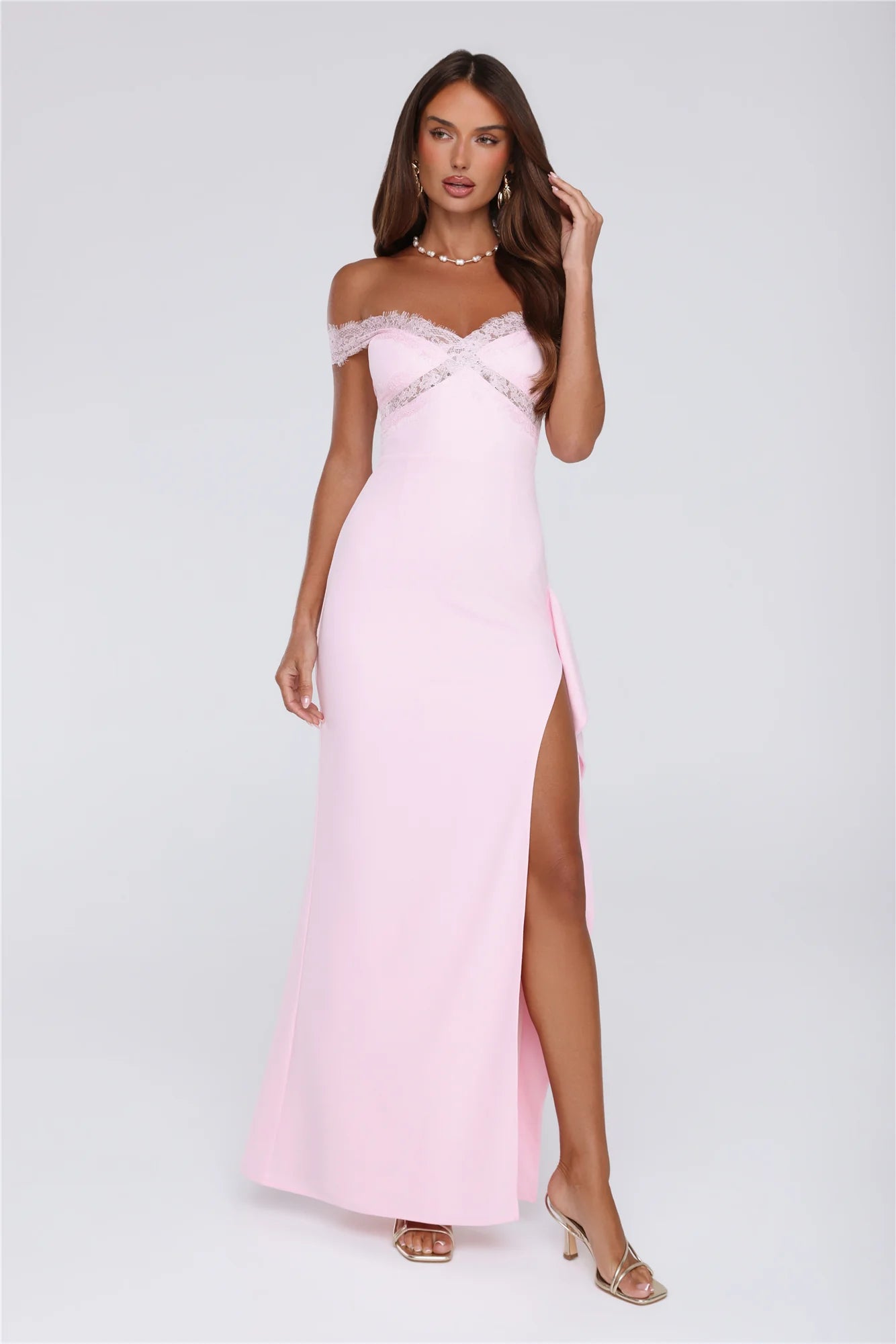 Ethereal Lace Off Shoulder Maxi Dress Blush