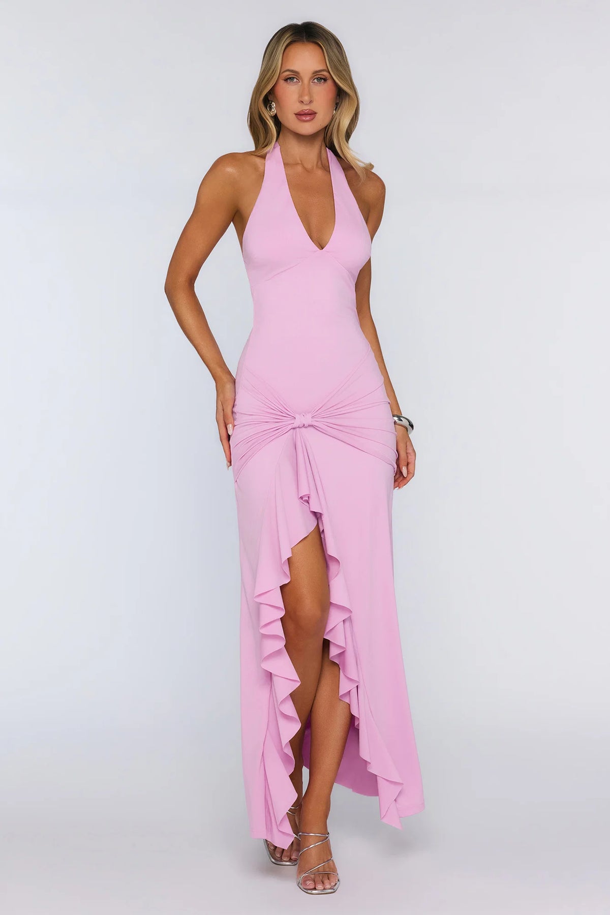 Modern Muse Halter Ruched Maxi Dress Lilac