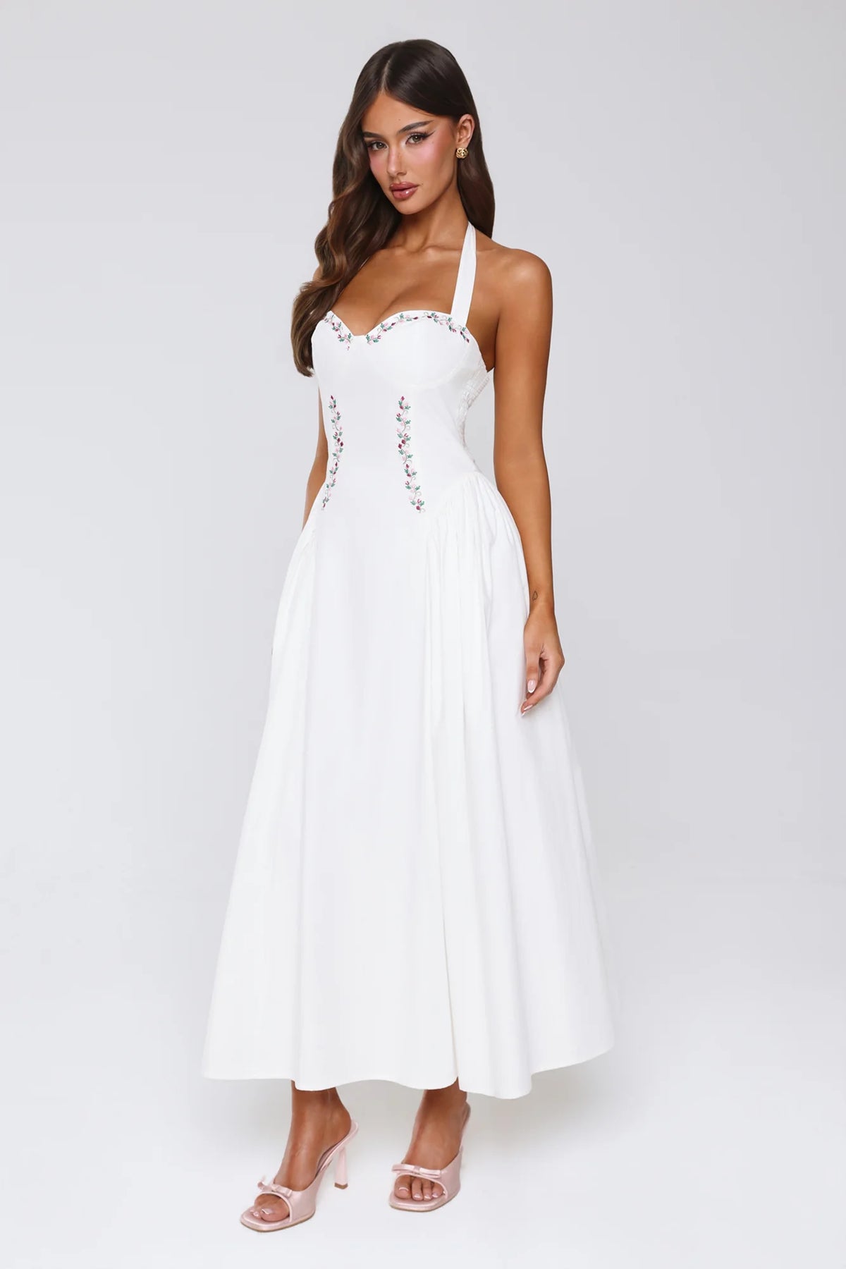 Vintage Fleur Halter Maxi Dress White