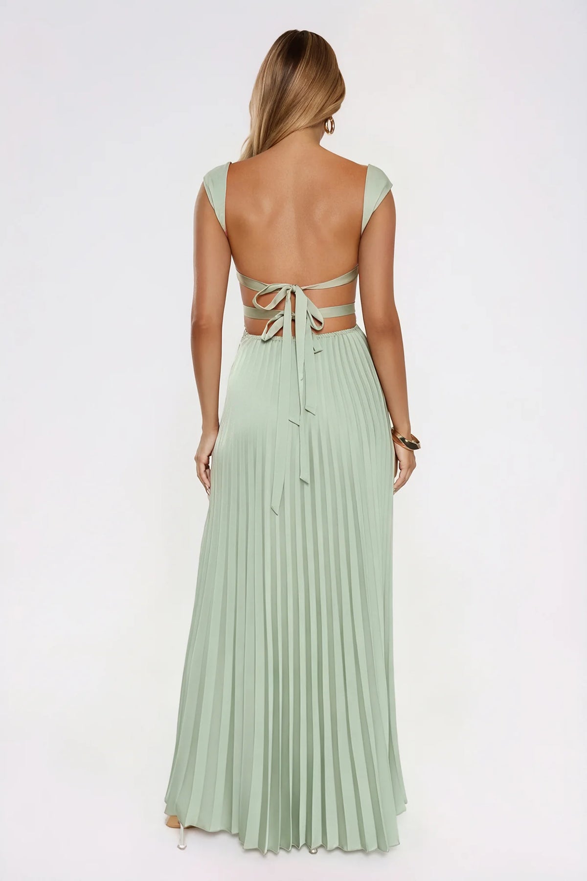 Satin Glow Pleated Maxi Dress Green