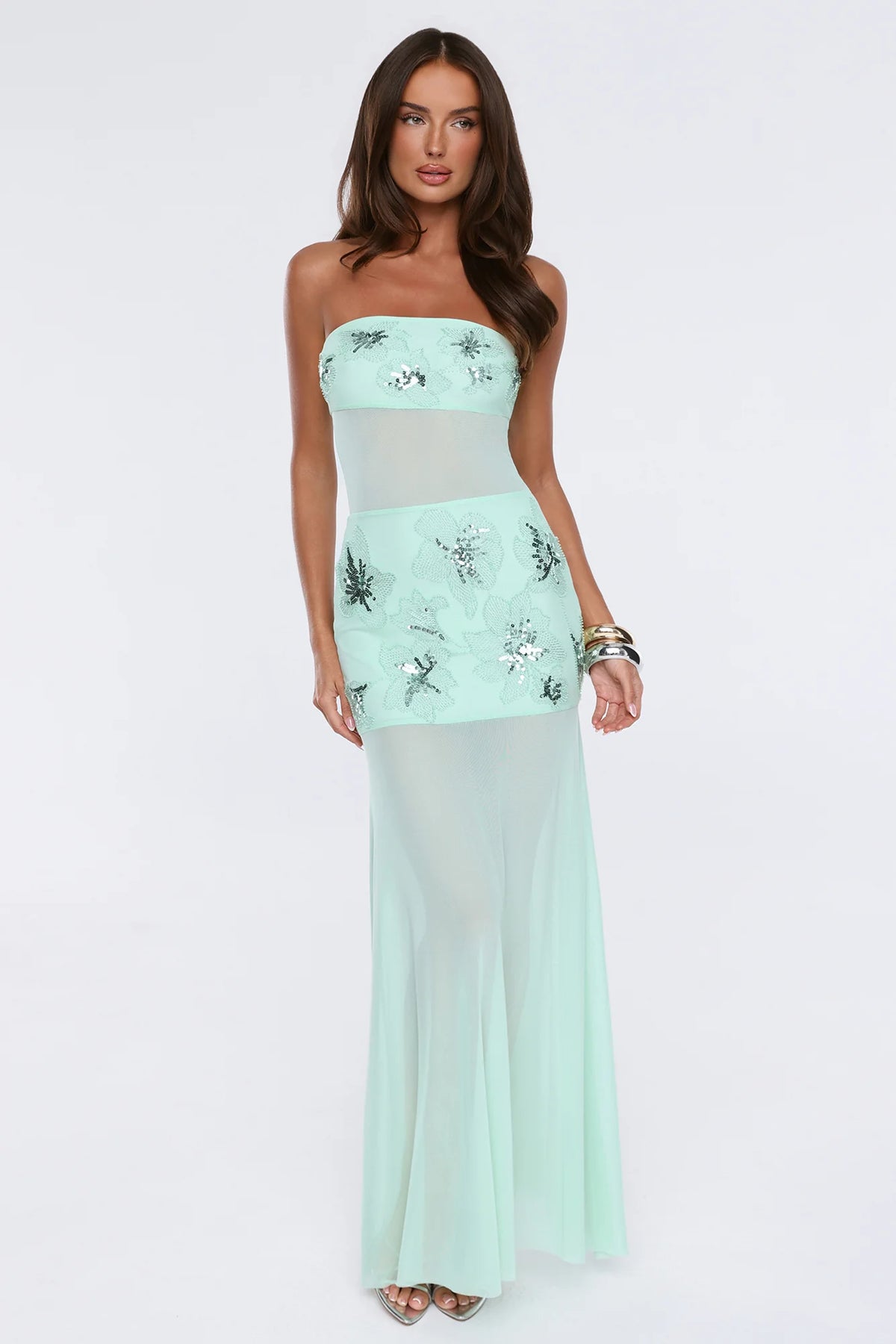 Cabaret Strapless Embellished Mesh Maxi Dress Sage