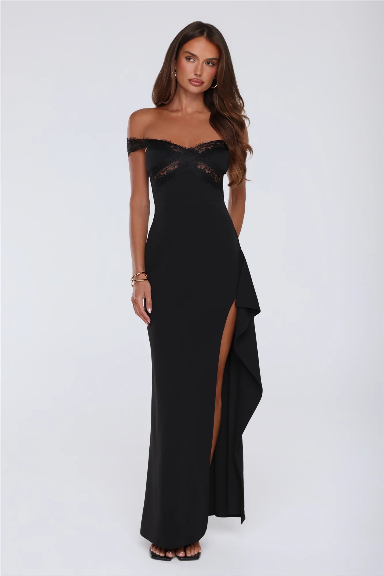 Ethereal Lace Off Shoulder Maxi Dress Black