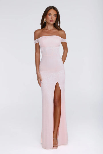 Night Bloom Off Shoulder Maxi Dress Pink