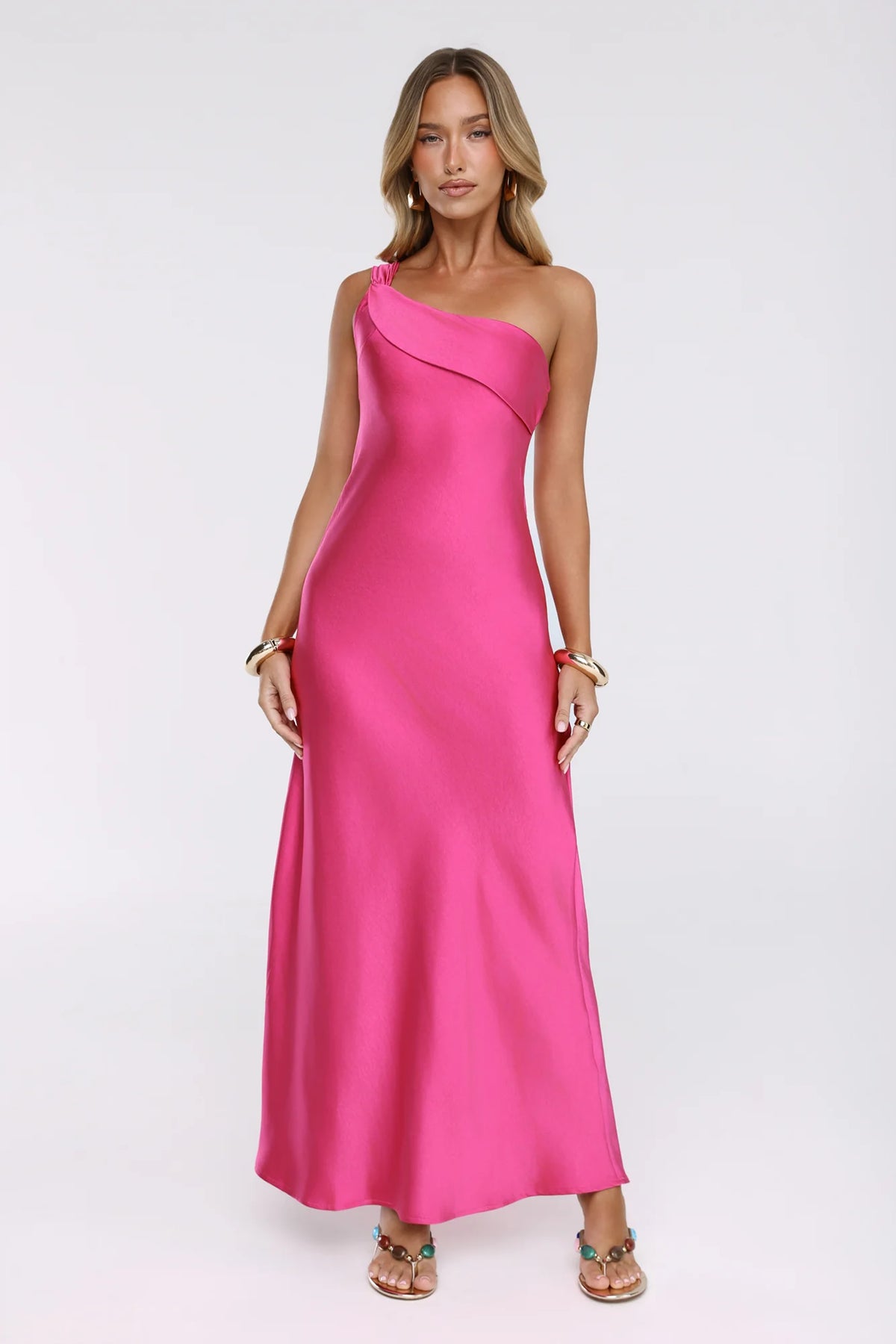 Romantic Tales Satin One Shoulder Maxi Dress Hot Pink