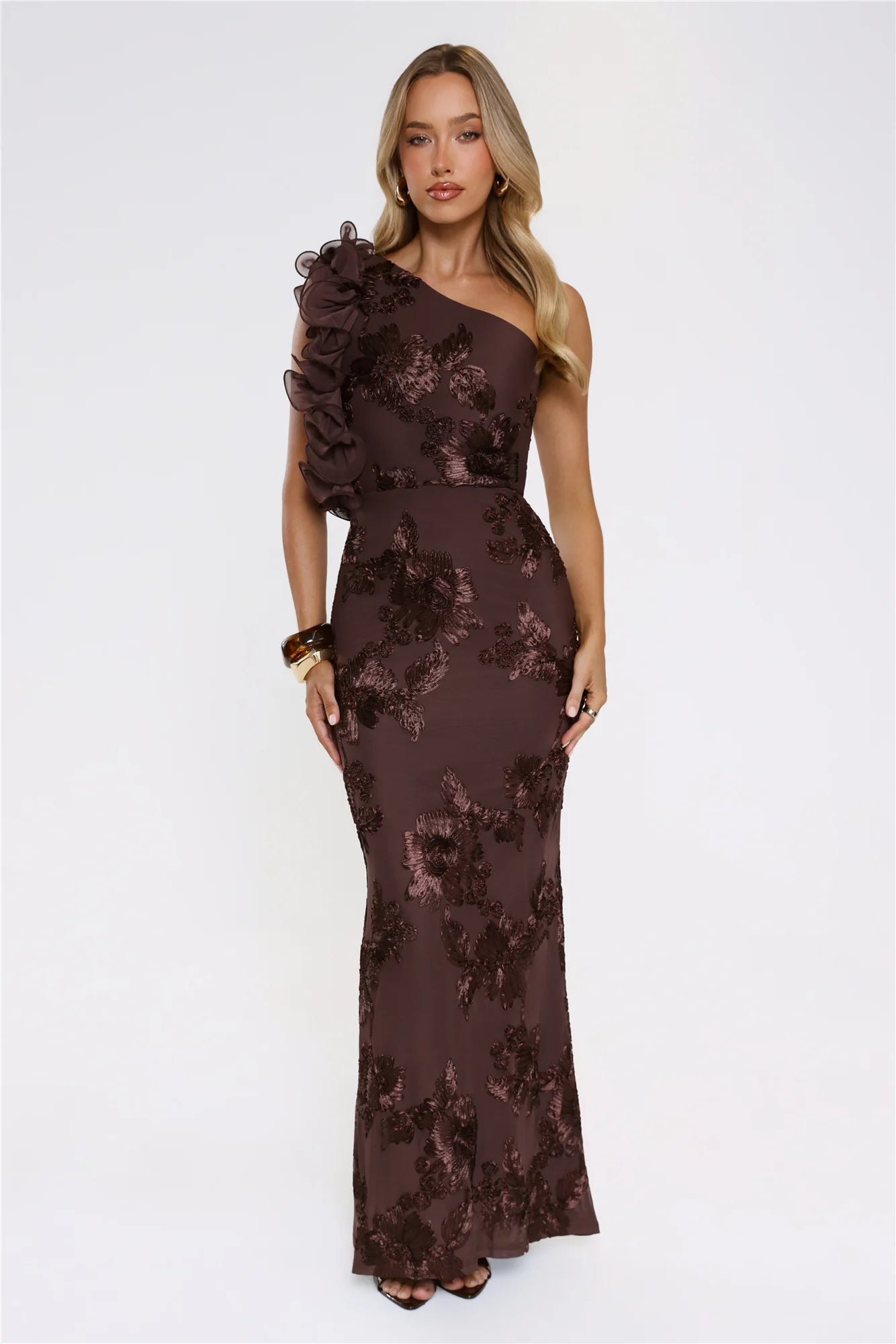 Fleur Flair One Shoulder Maxi Dress Chocolate
